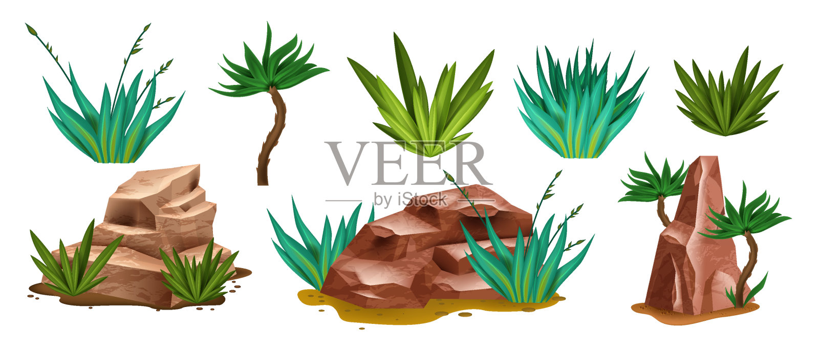 沙漠岩石集，矢量峡谷石工具包，仙人掌，多汁，龙舌兰，野生西部环境的自然对象。插画图片素材