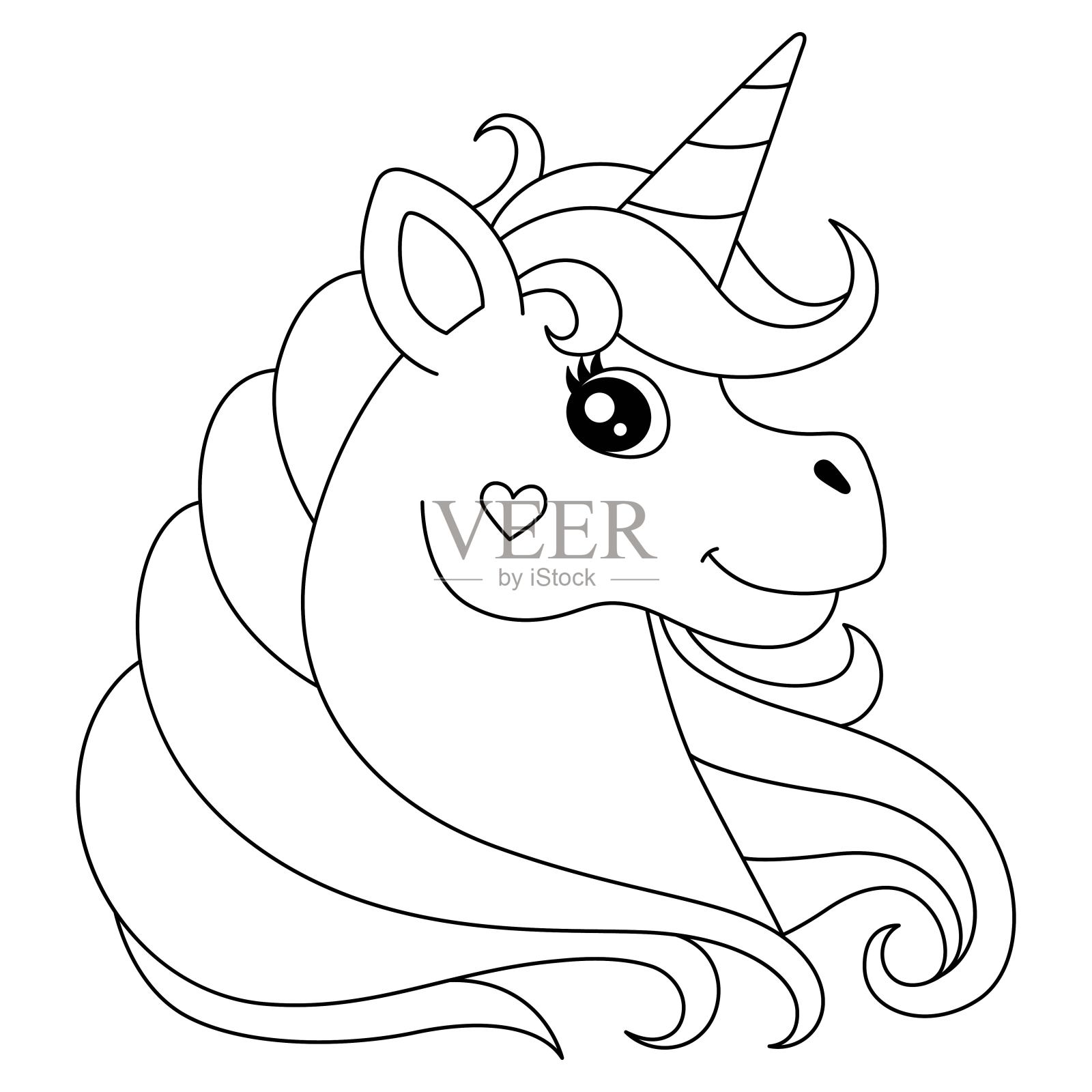独角兽头部着色页隔离为孩子设计元素图片