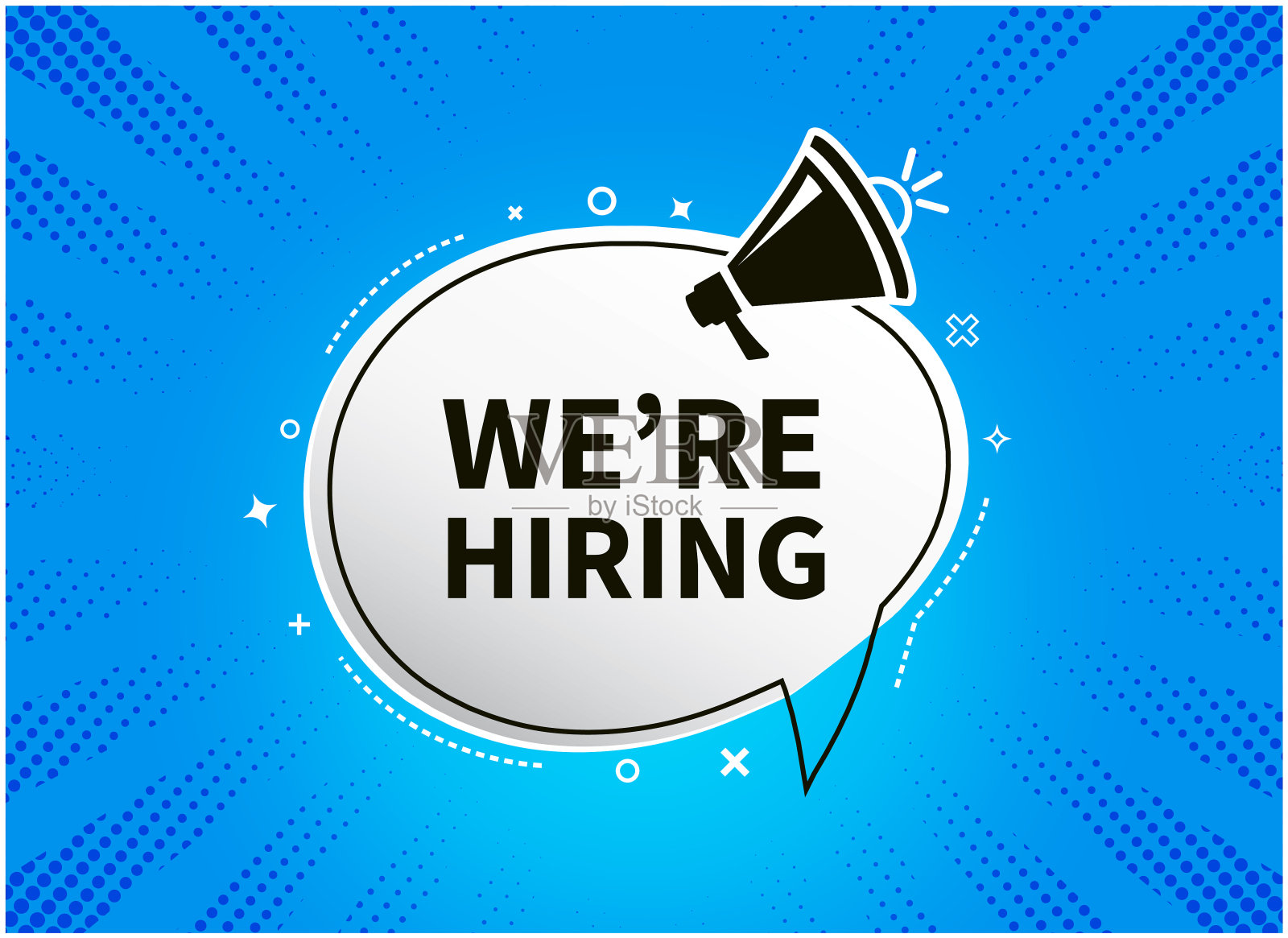 我们招聘。加入我们的团队和扩音器的语音气泡平面设计。插画图片素材