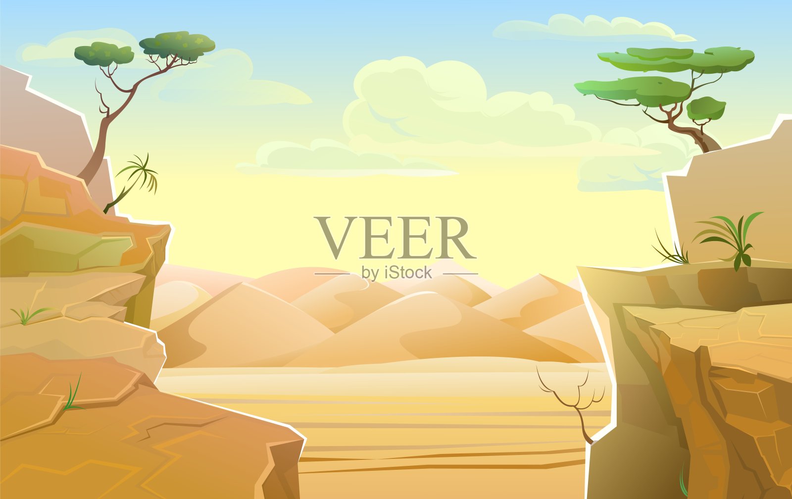 沙漠里温暖的日出。有刺槐的岩石和悬崖。沙漠里的沙子。南部乡村景观。很酷的卡通风格。向量插画图片素材