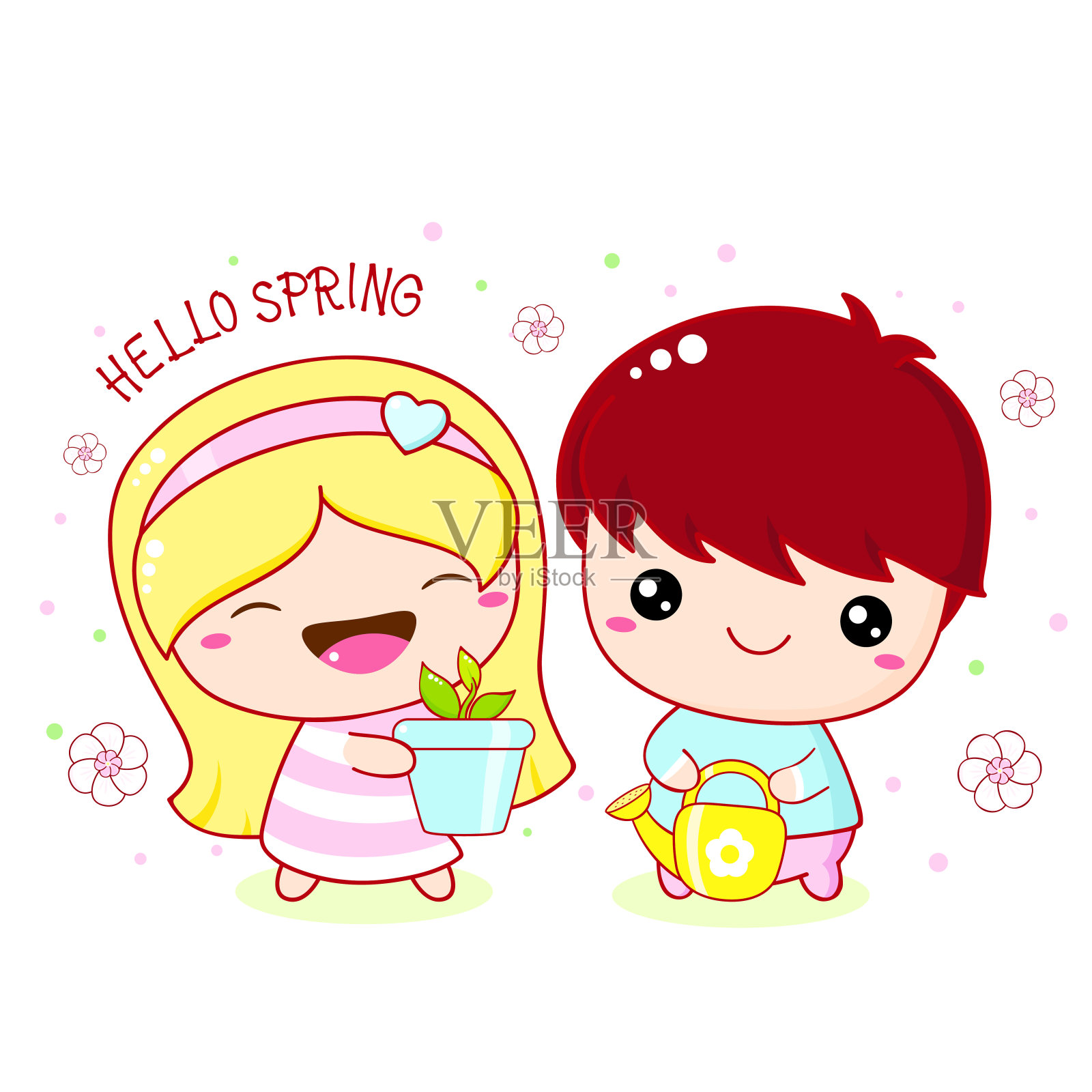 可爱的小男孩和小女孩在种植物。兄弟姐妹在植树节植树设计元素图片