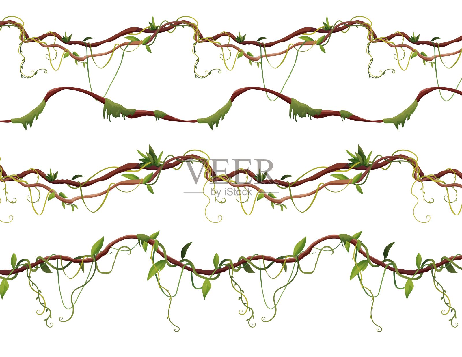 无缝藤条或藤条模式的2d游戏。丛林热带攀缘植物。卡通矢量插图。插画图片素材