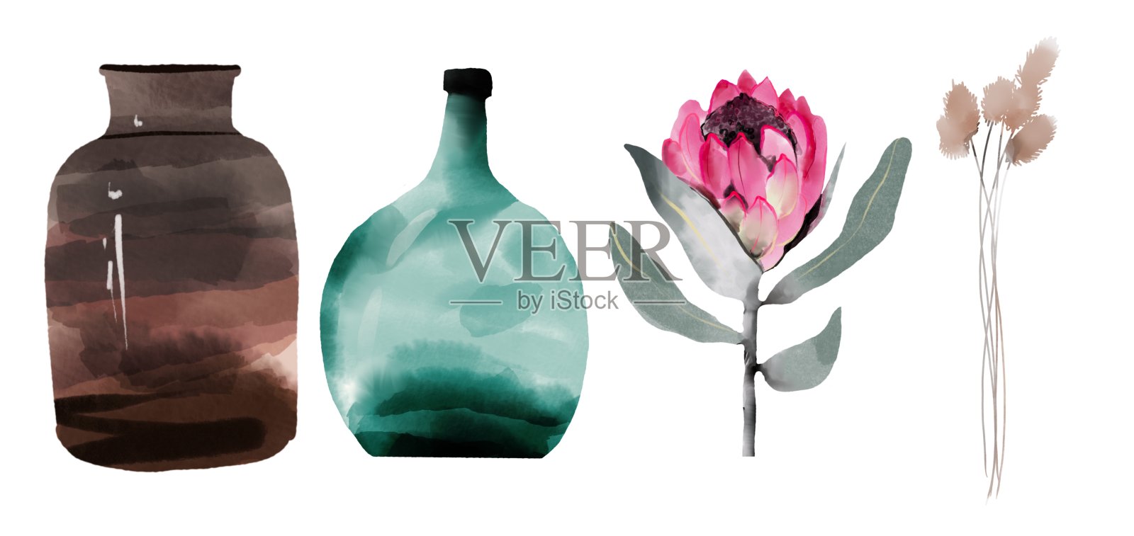 干燥的波西米亚花的组成设计贺卡，邀请，海报。花瓶和热带树叶套装插画图片素材