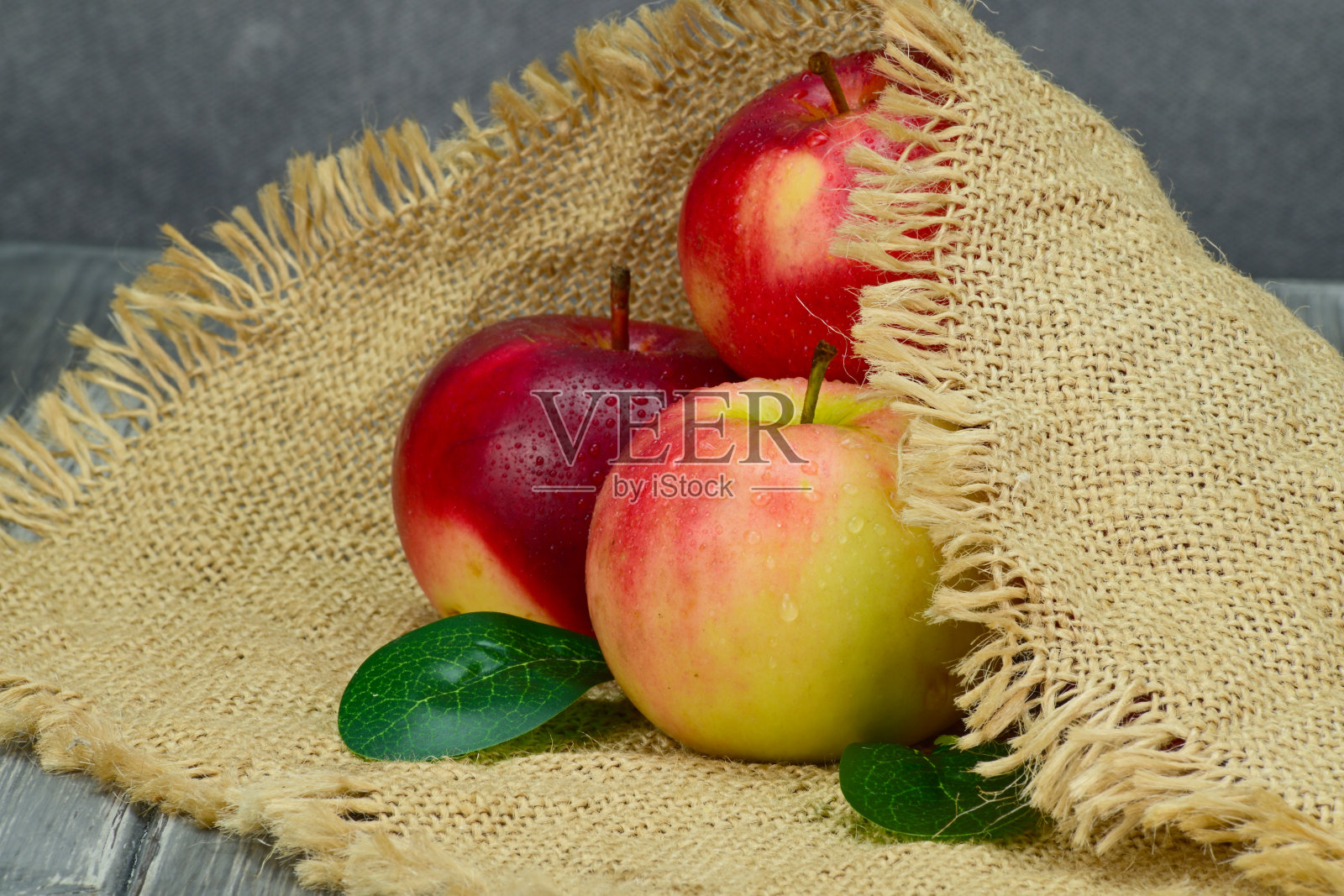 几个用粗麻袋包着的苹果。果皮上可以看到水滴。绿叶从苹果下面伸出来照片摄影图片