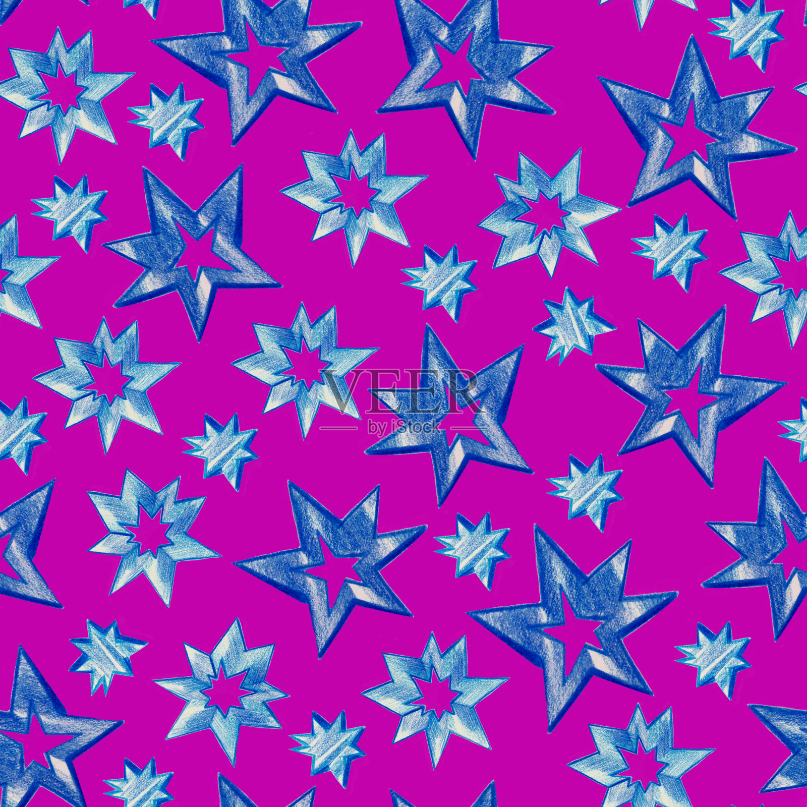 铅笔画的蓝色星星剪贴画，手画的星星图案，画的蓝色星星背景，闪亮，孤立，孩子图案，宇宙，紫色背景插画图片素材