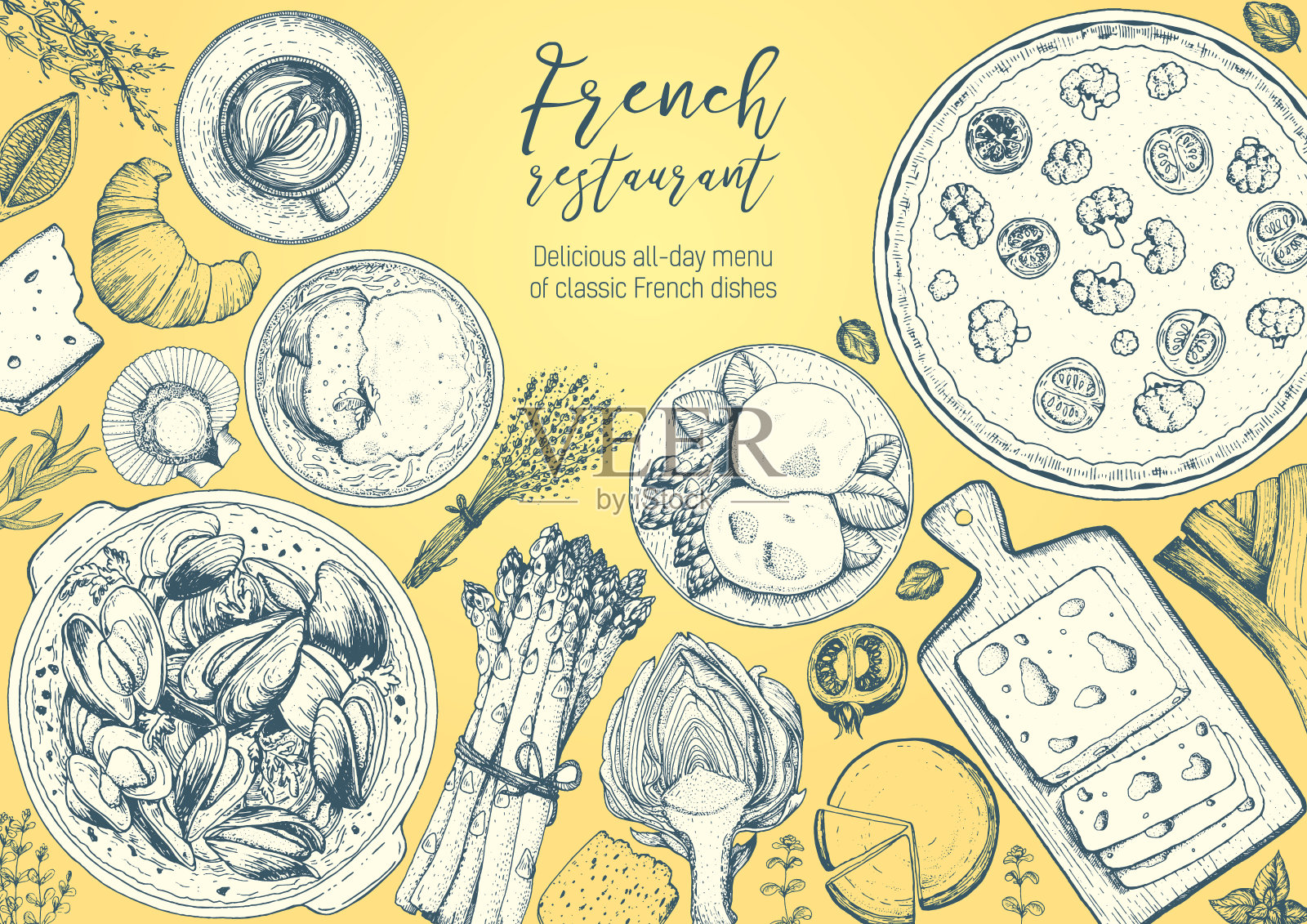 法国美食俯视图框架。一套经典的法式菜肴，包括洛林乳蛋饼、贻贝、荷包蛋、洋葱汤、面包房。食品菜单设计模板。手绘草图矢量插图。插画图片素材