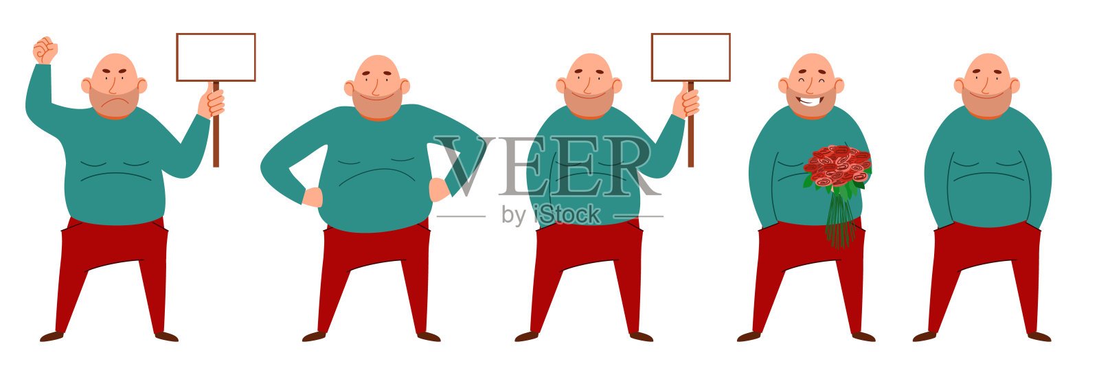 男性角色合集：手持文字标志的秃顶胖男人设计元素图片