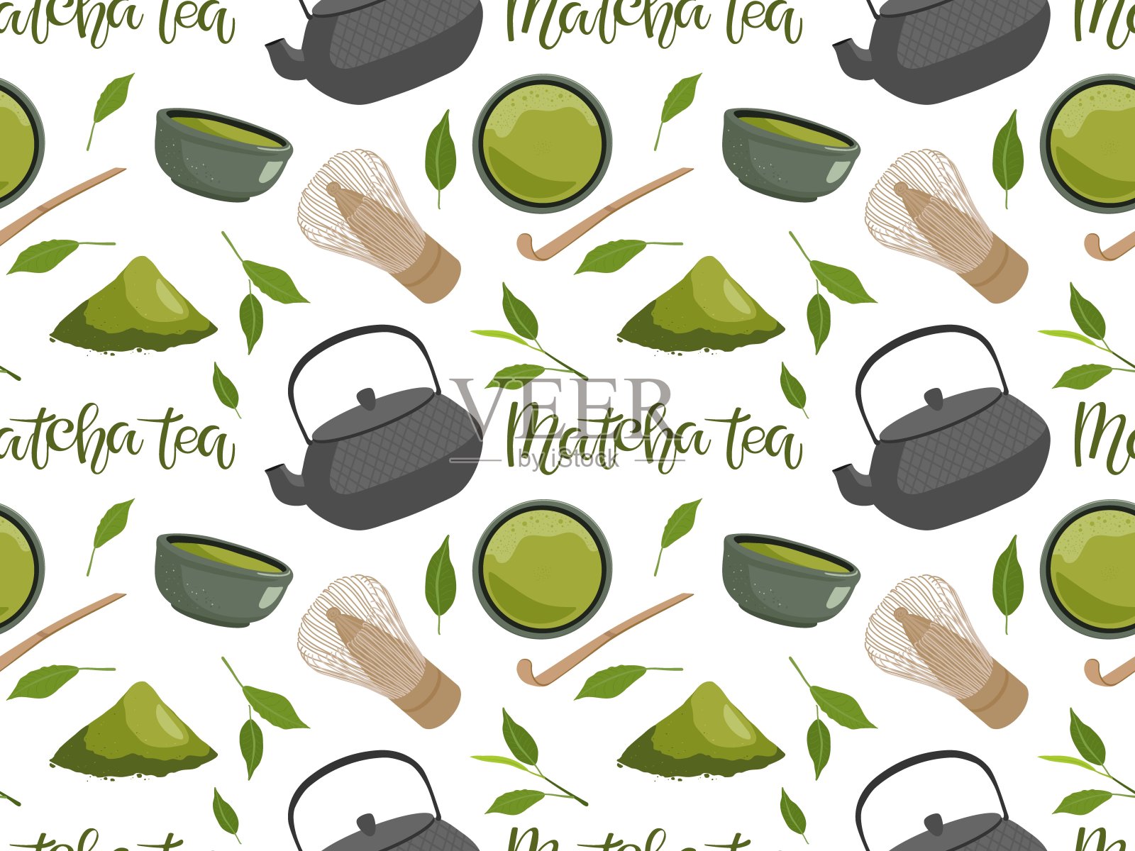 无缝抽象抹茶绿茶背景与饮料碗，茶壶，勺子，毛笔，粉末，叶子，手写书法。饮料背景用于墙纸、包装、包装、纺织品、包装。插画图片素材