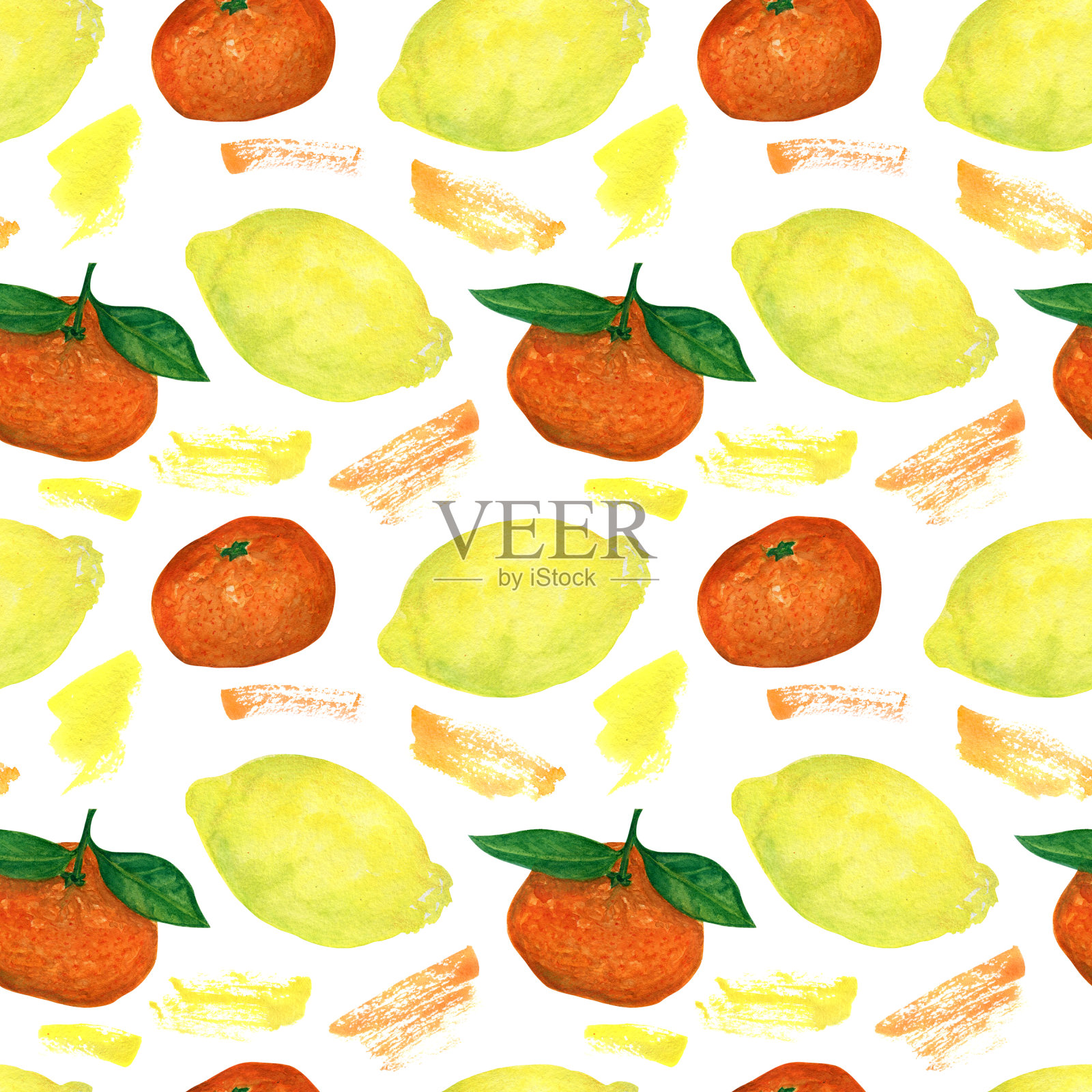 水彩无缝模式。白色背景上的橘子，柠檬和抽象水彩污渍。布料、墙纸、明信片、请柬、剪贴簿或包装纸的设计。插画图片素材