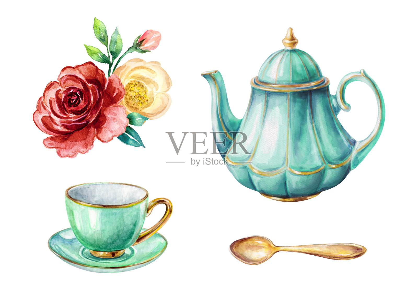 水彩插图，薄荷绿茶壶和杯子，金汤匙，红色和黄色的玫瑰，剪辑艺术元素设置孤立在白色背景上插画图片素材