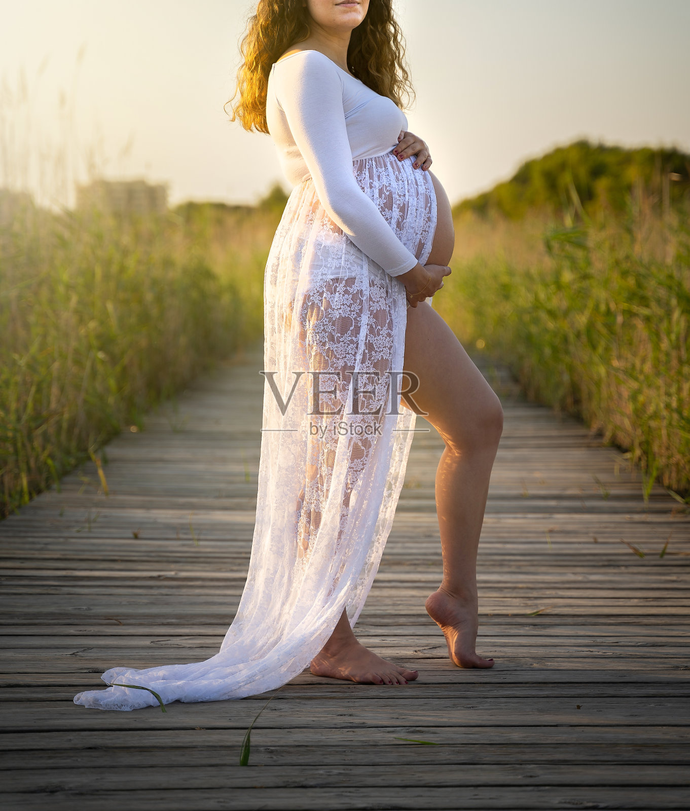 孕妇和难以置信。黎明时分，一只怀孕的母熊抱着肚子，在森林的木路上摆姿势照片摄影图片