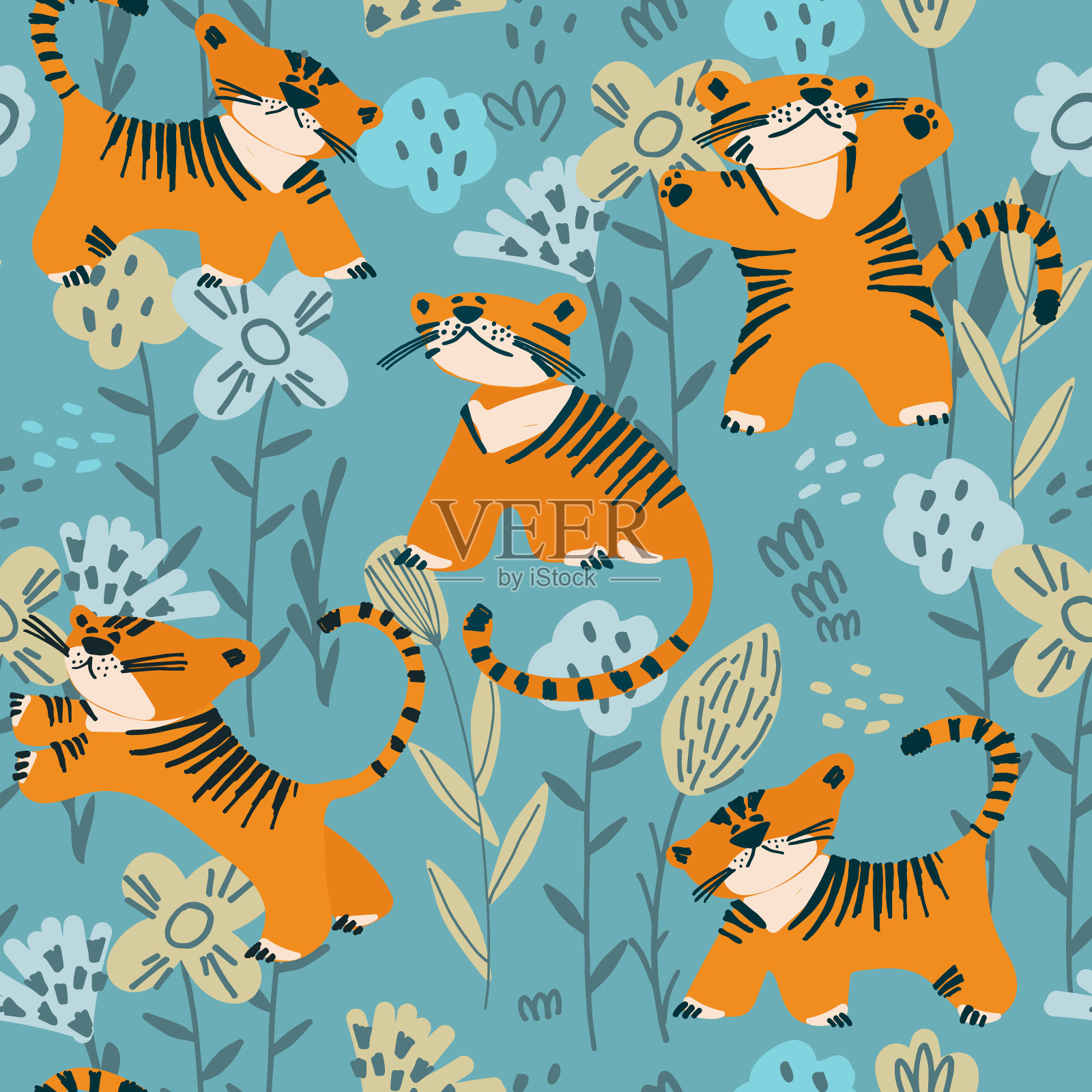 天衣无缝的图案，老虎在花丛中玩耍，孩子们的绘画风格插画图片素材
