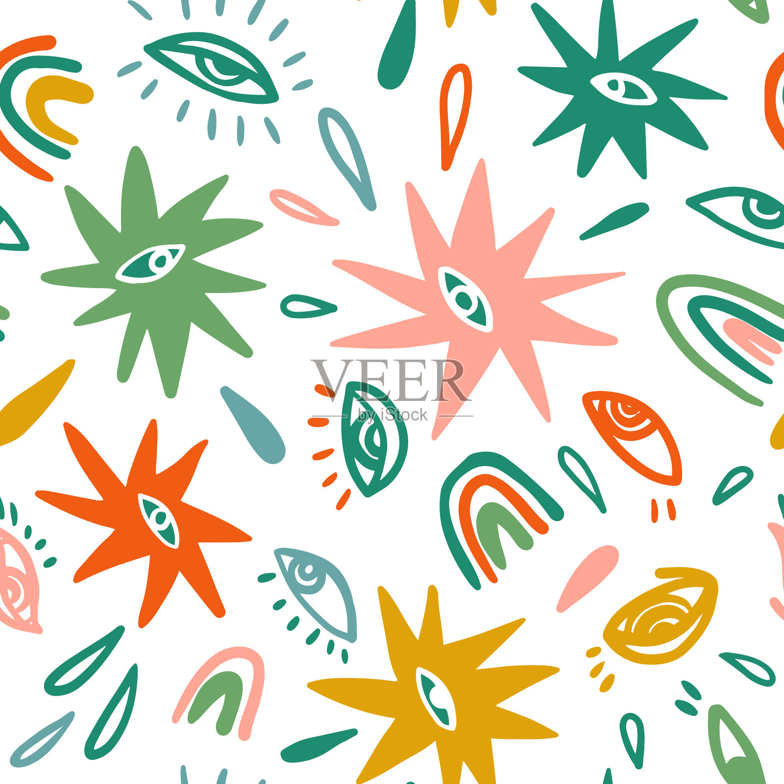 有趣和时髦的单色神奇无缝模式。星星用眼睛看，哥哥看，眼泪，雨滴，彩虹。动画矢量孤立的插图，纺织品，织物，壁纸等插画图片素材