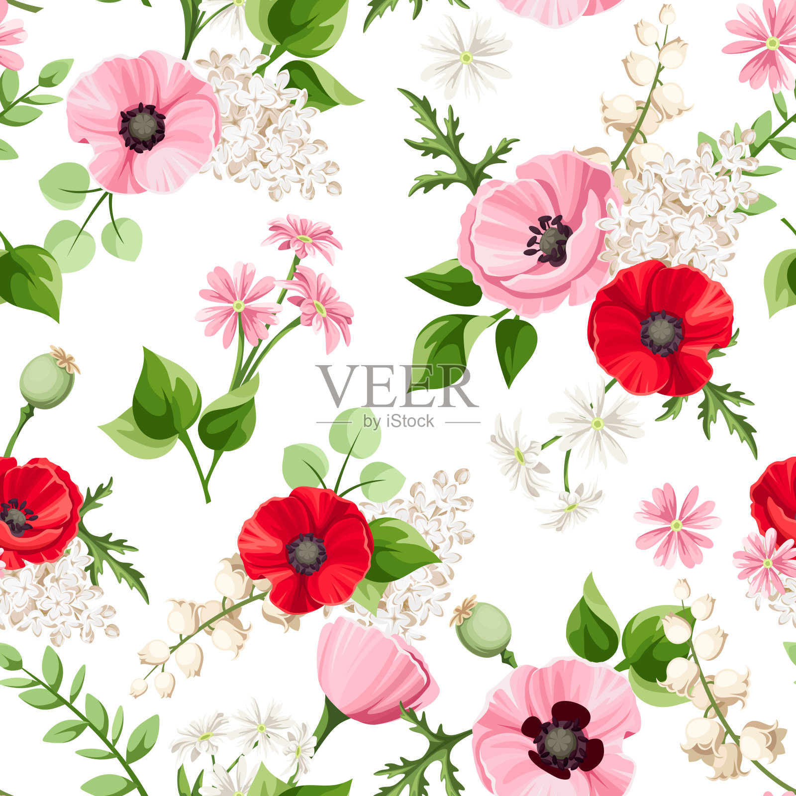 无缝花卉图案与红色，粉红色，和白色的花。矢量图插画图片素材