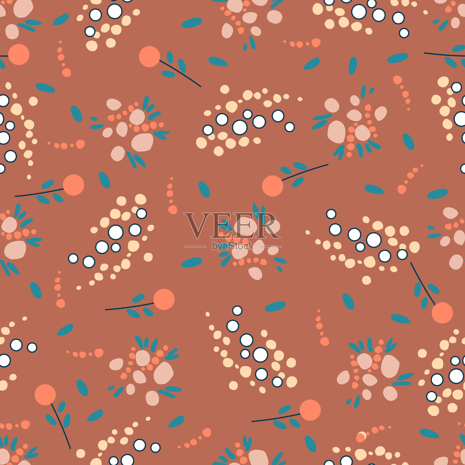 无缝花卉图案在一个粘土背景。原始，小花，叶，斑，圆。插画图片素材