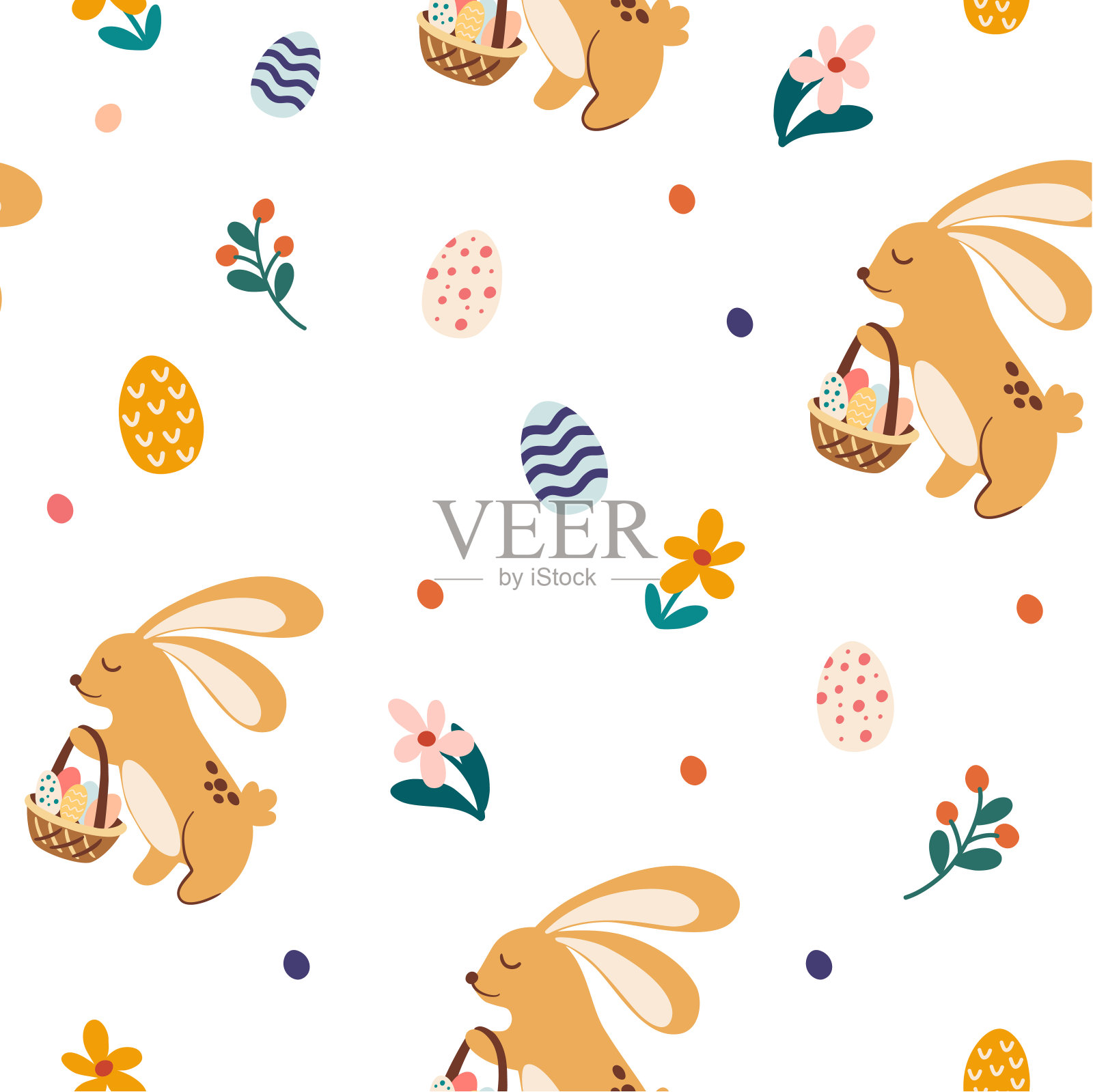 复活节兔子无缝图案。可爱的兔子带着柳条篮子和鸡蛋。春天。手绘美丽的背景，为复活节包装纸，横幅，纺织品，墙纸。卡通矢量图插画图片素材