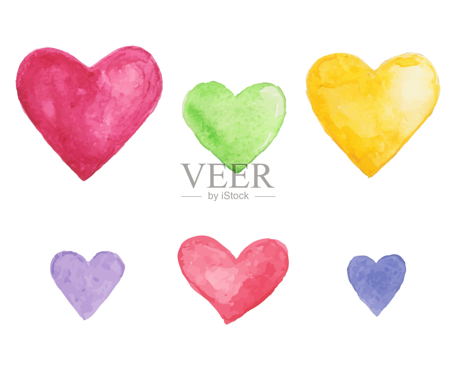 一套彩色的水彩心。设计元素。向量插画图片素材