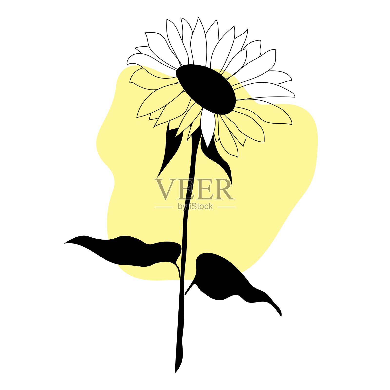 向日葵线条艺术写意的现代新潮风格。简约的现代线条艺术。花与抽象黄色形状的背景印刷，美丽和时尚。矢量插图。插画图片素材