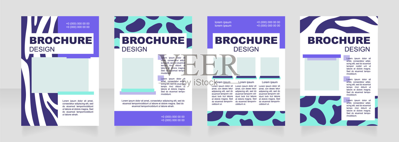 野生动物皮毛印花蓝色空白宣传册布局设计。垂直海报模板设置为文本的空复制空间。预先制作的公司报告收集。可编辑的传单纸页设计模板素材