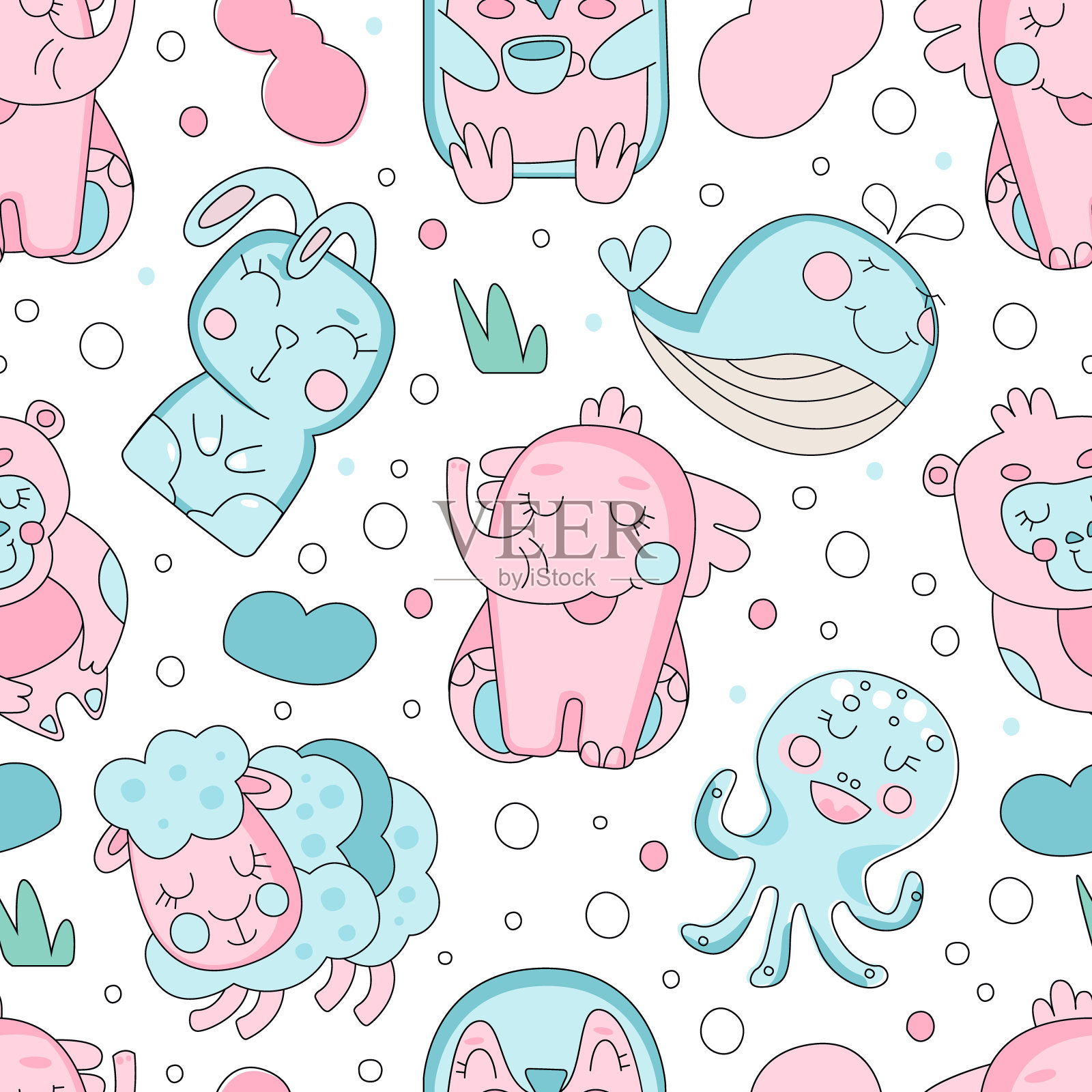 可爱的粉红色和蓝色的孩子动物矢量无缝图案模板插画图片素材