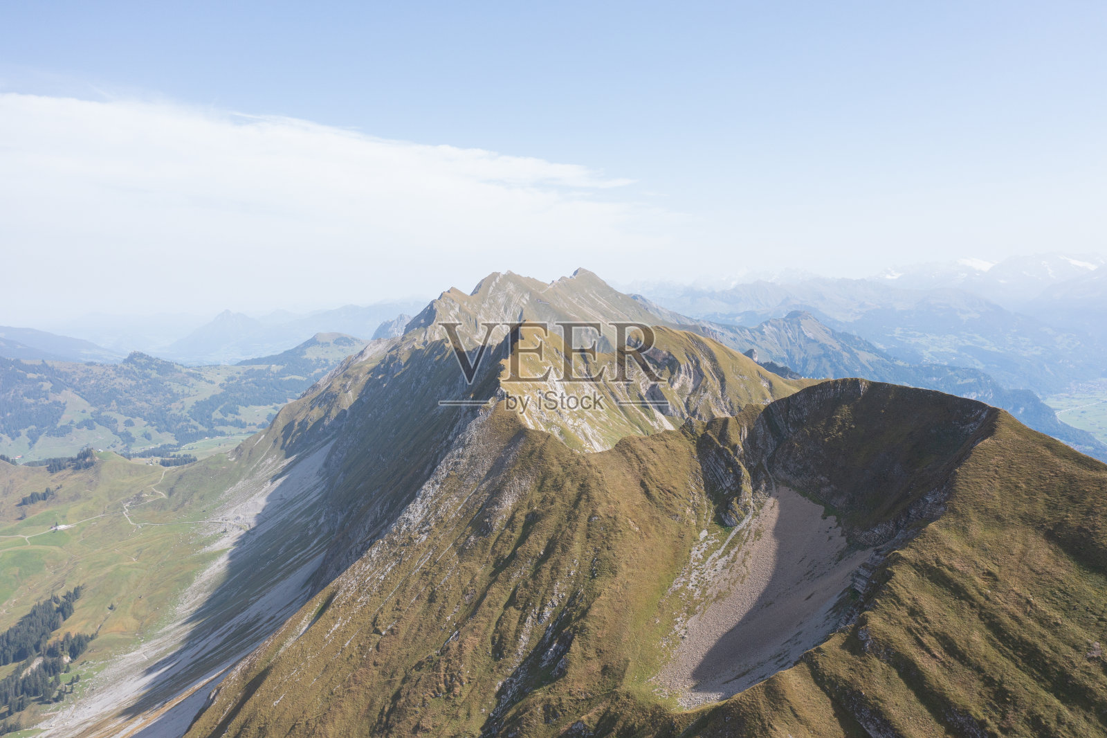 瑞士阿尔卑斯山的美丽风景。一架无人机在伯尔尼州美妙的风景上飞行。布里恩泽湖的壮丽景色。照片摄影图片
