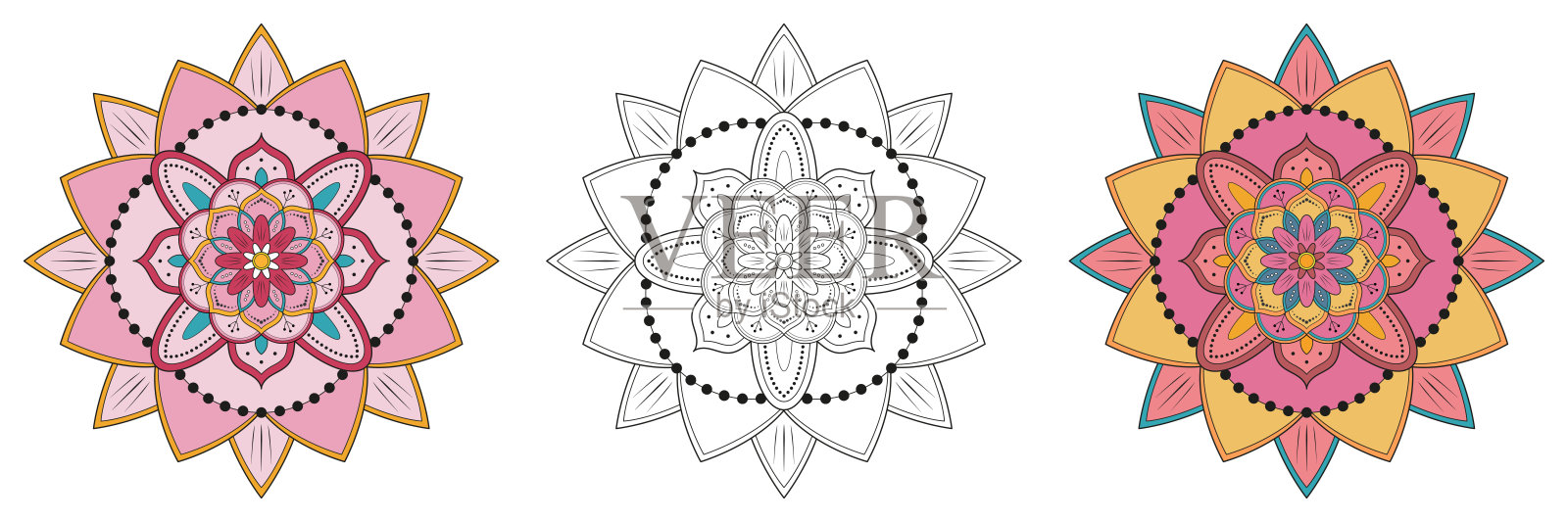 曼荼罗图案在黑色和白色和颜色风格。具有民族风格的装饰装饰插画图片素材