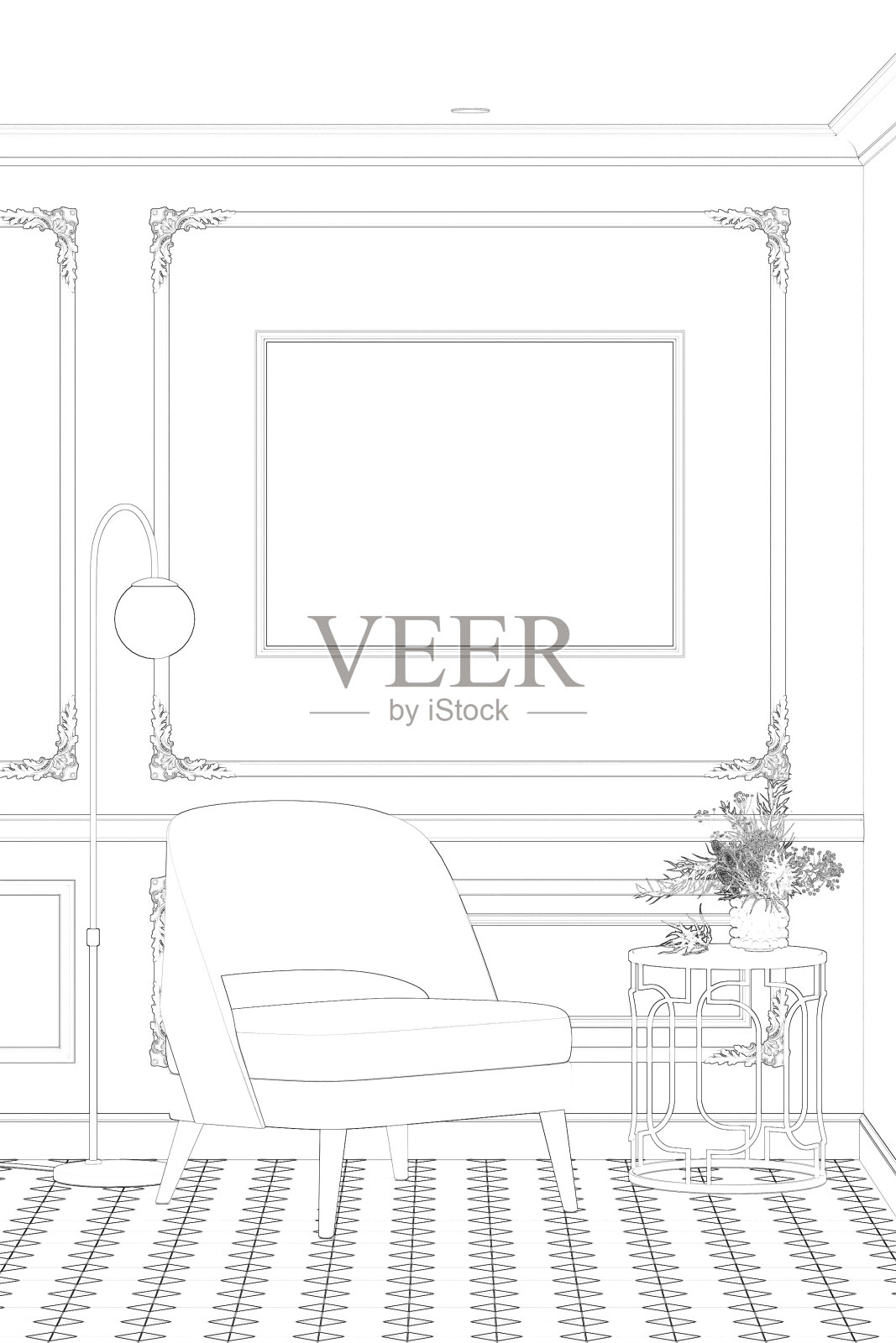 这是一幅现代古典主义风格的房间草图，古典主义风格的墙上贴着一张空白的水平海报，咖啡桌上放着一瓶花，扶手椅旁放着一盏落地灯，地板铺着瓷砖。前视图。照片摄影图片