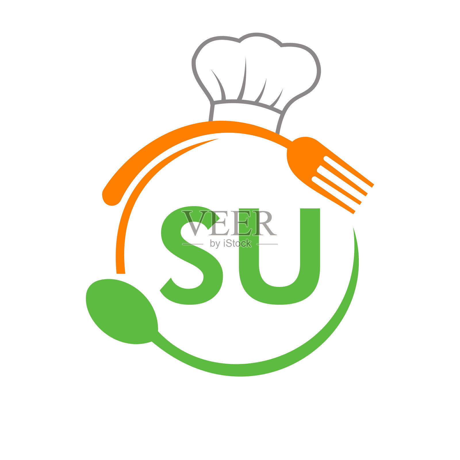 字母SU餐厅标志与厨师帽勺和叉子模板。餐厅标志在字母SU烧烤，咖啡馆标志矢量插画图片素材