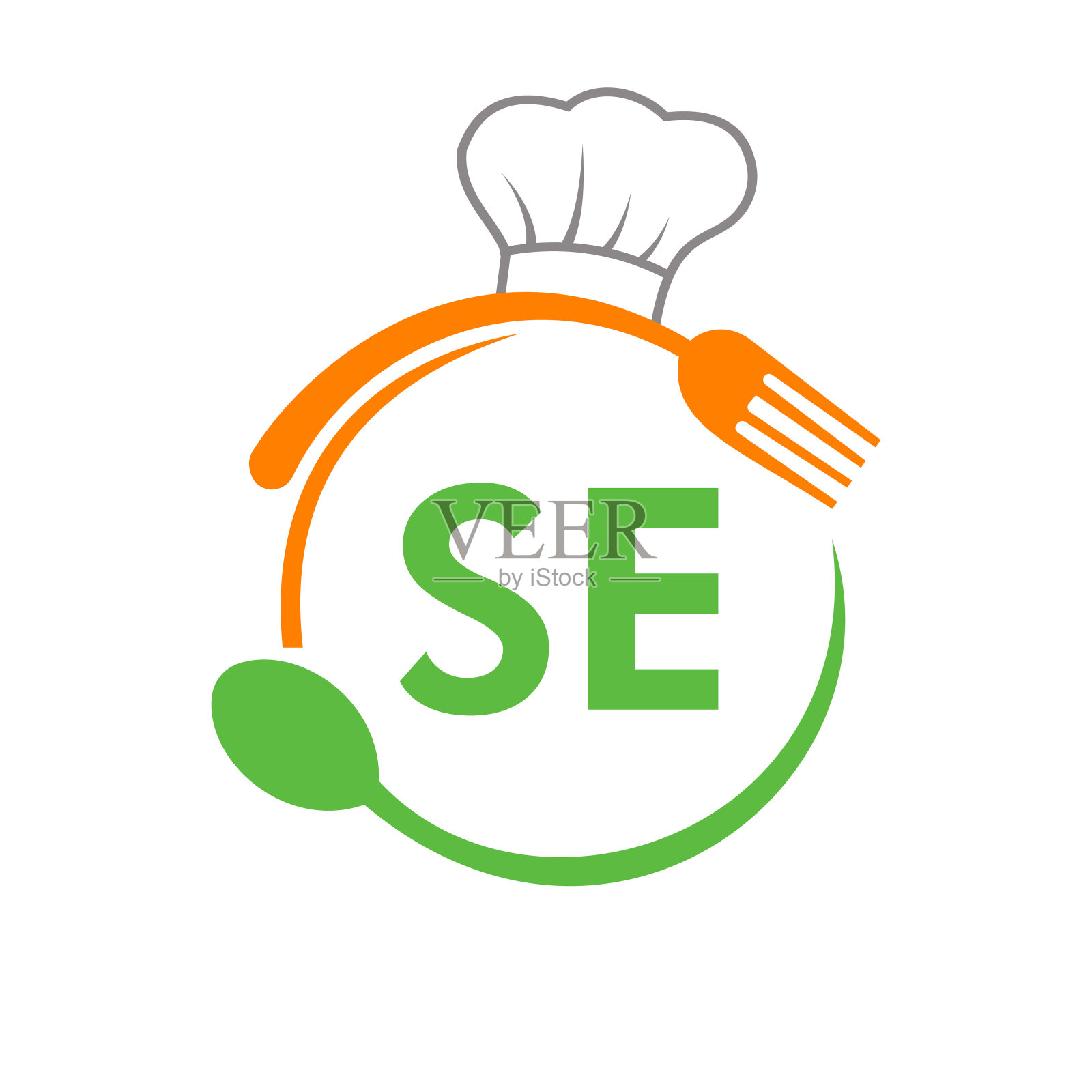 字母SE餐厅标志与厨师帽勺和叉子模板。餐厅标志在字母SE烧烤，咖啡馆标志矢量插画图片素材