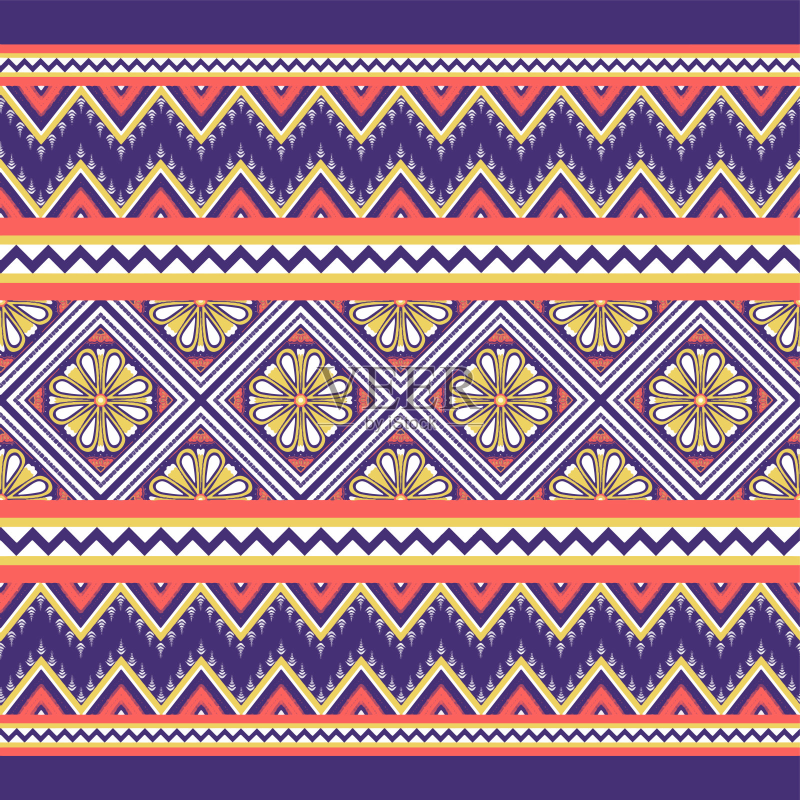 黄色，白色，橙色和紫色。几何民族东方图案传统设计背景，地毯，壁纸，服装，包装，蜡染，织物，矢量插图刺绣风格插画图片素材