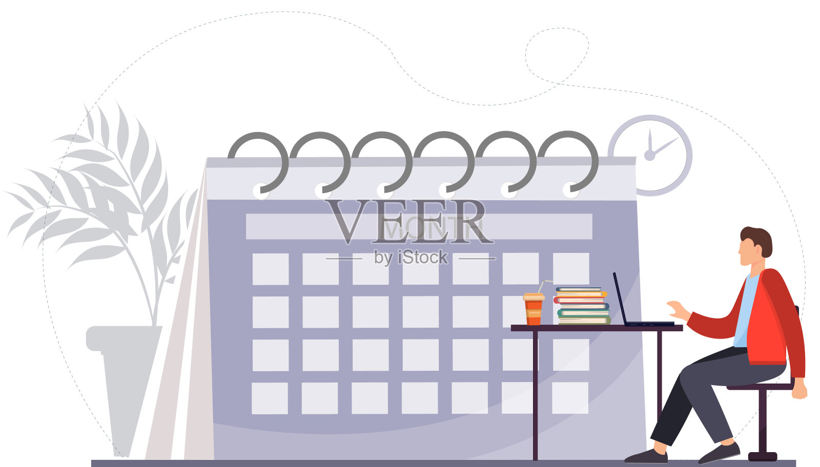 一个年轻的小商人坐在工作的地方，在日历、工作时间表、平面矢量图旁边计划工作设计模板素材