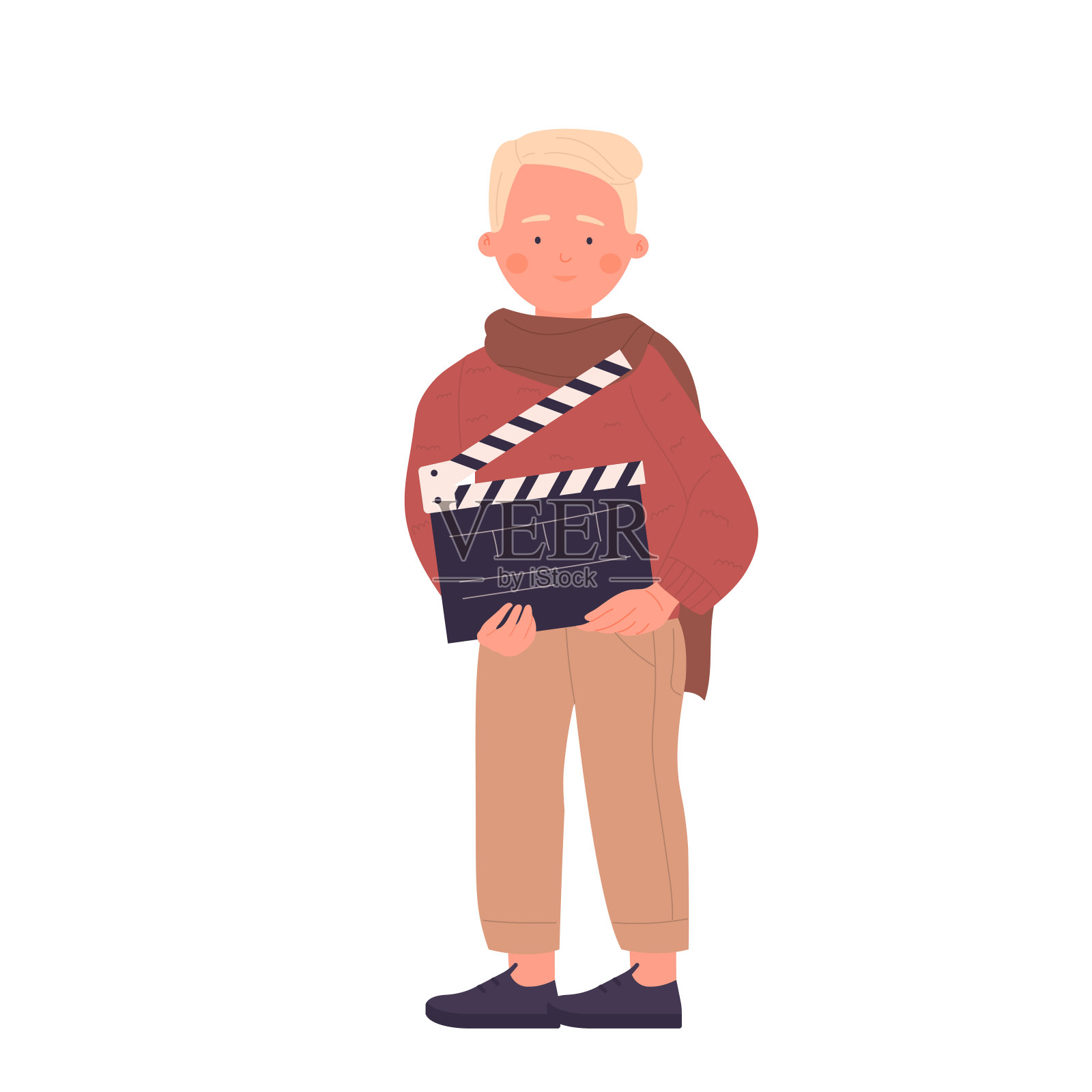 可爱的小男孩用拍板成为专业电影导演插画图片素材