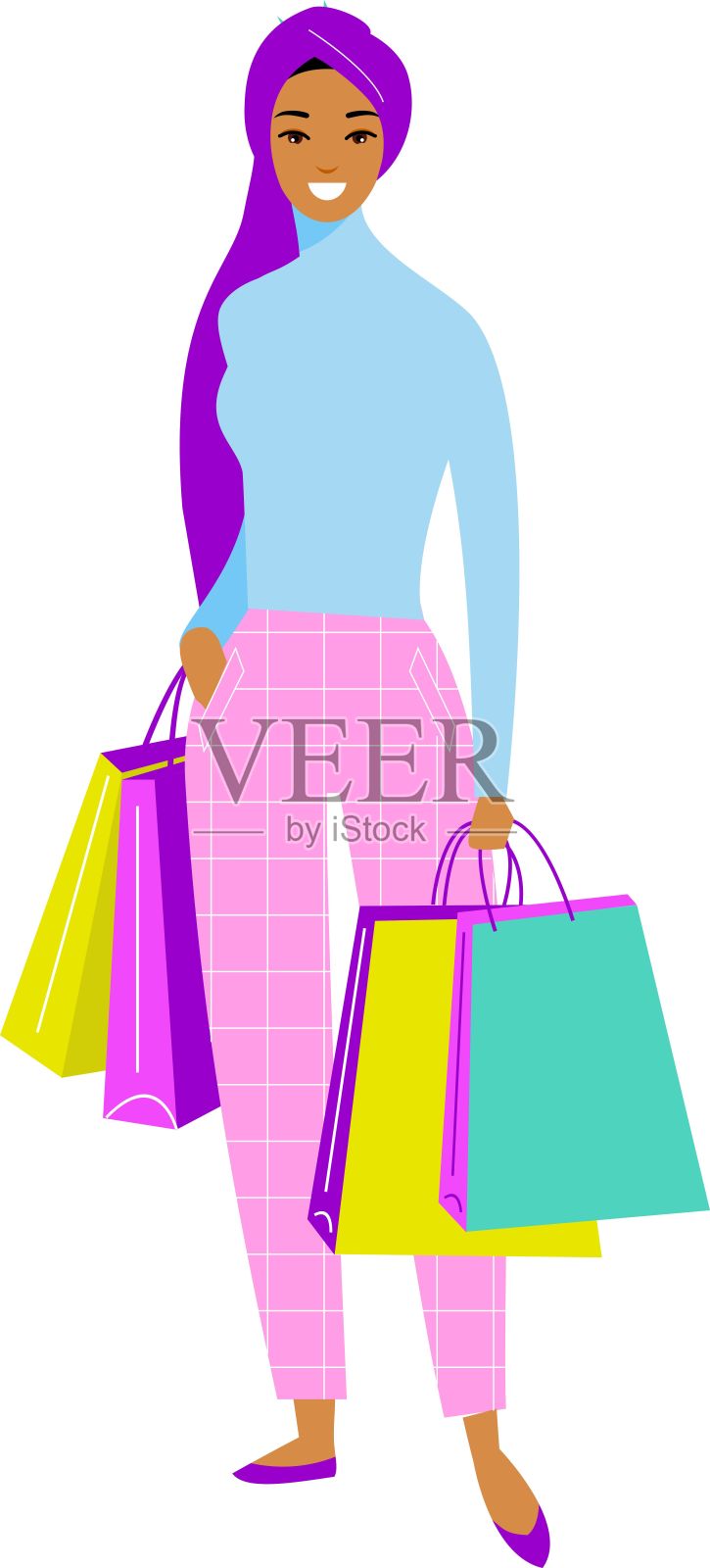 插图阿拉伯妇女戴着头巾和购物袋插画图片素材