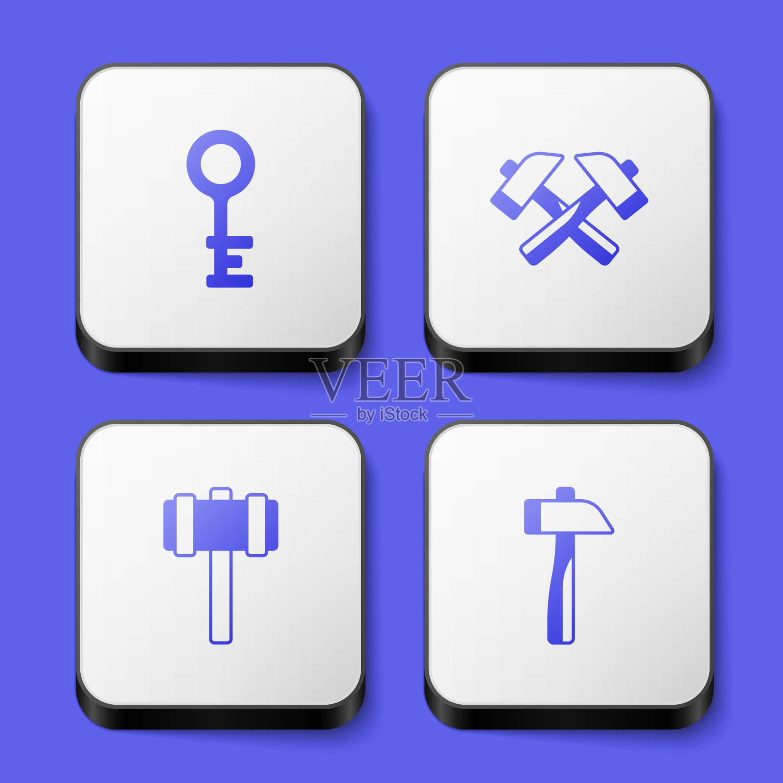 设置老钥匙，交叉锤，大锤和锤子图标。白色正方形按钮。向量图标素材