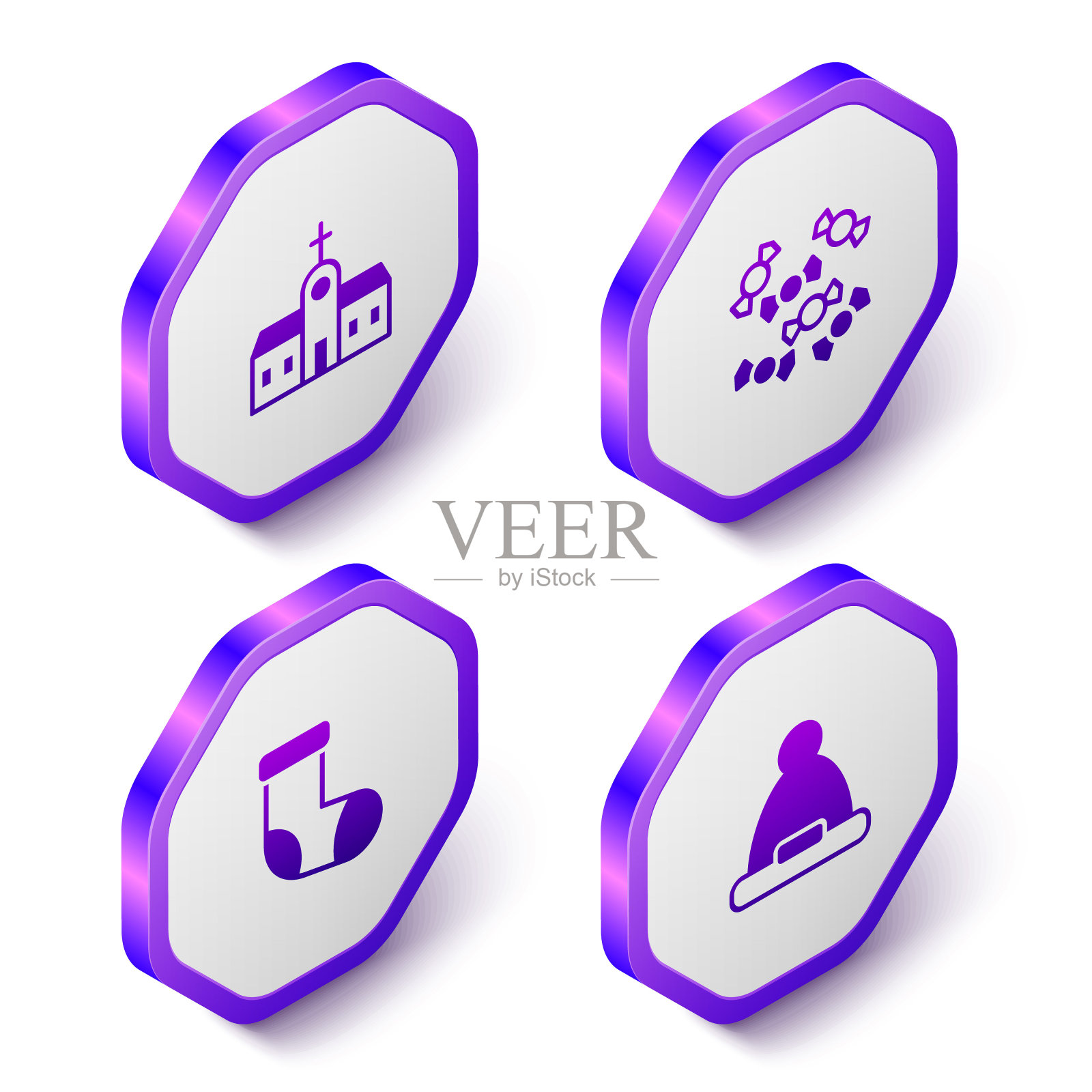 设置等距教堂建筑，糖果，圣诞袜和圣诞老人的帽子图标。紫色的六角按钮。向量图标素材