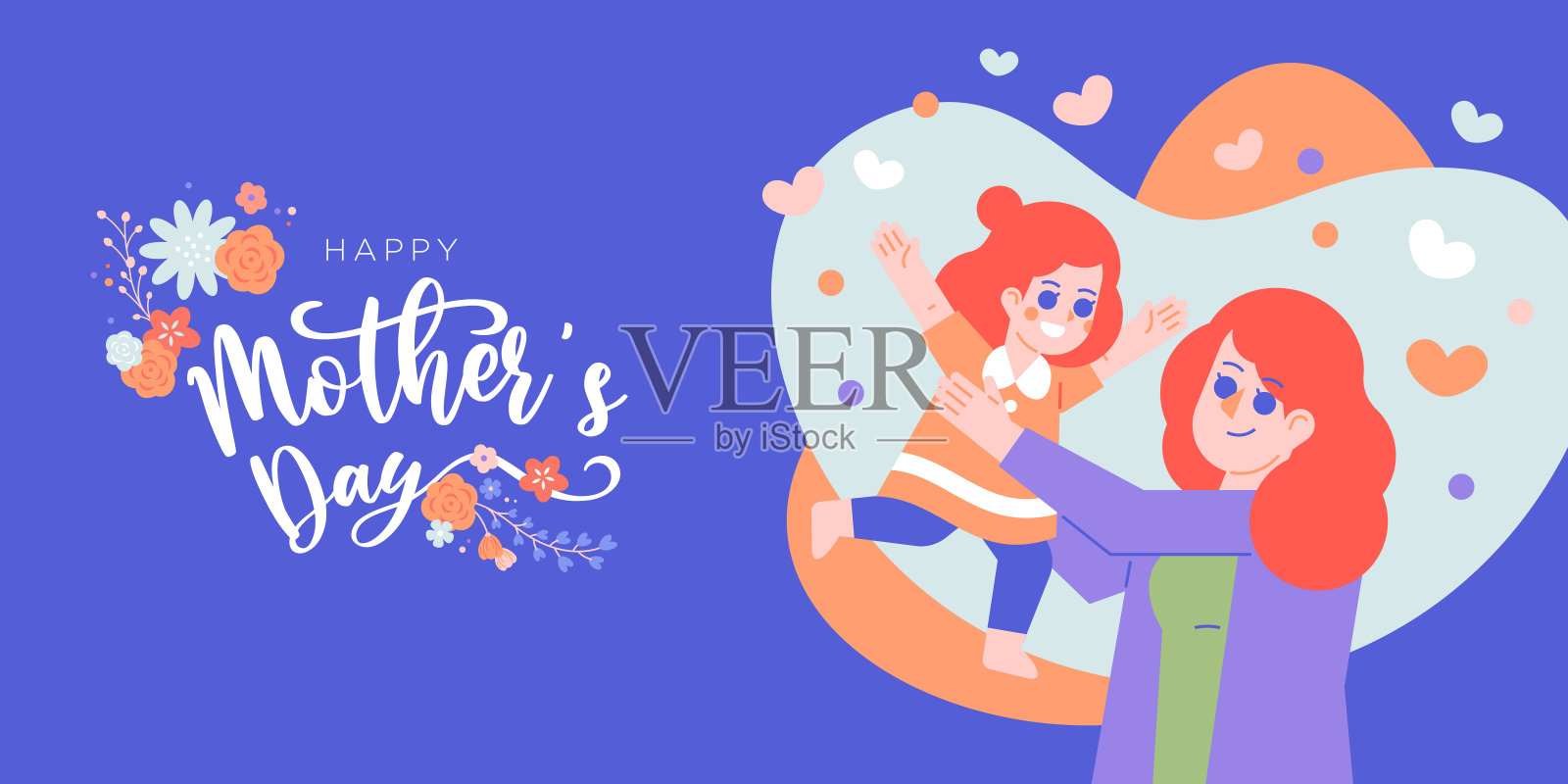 母亲节庆祝矢量插图。妈妈和孩子用有机鲜花、花环装饰问候文字相拥插画图片素材