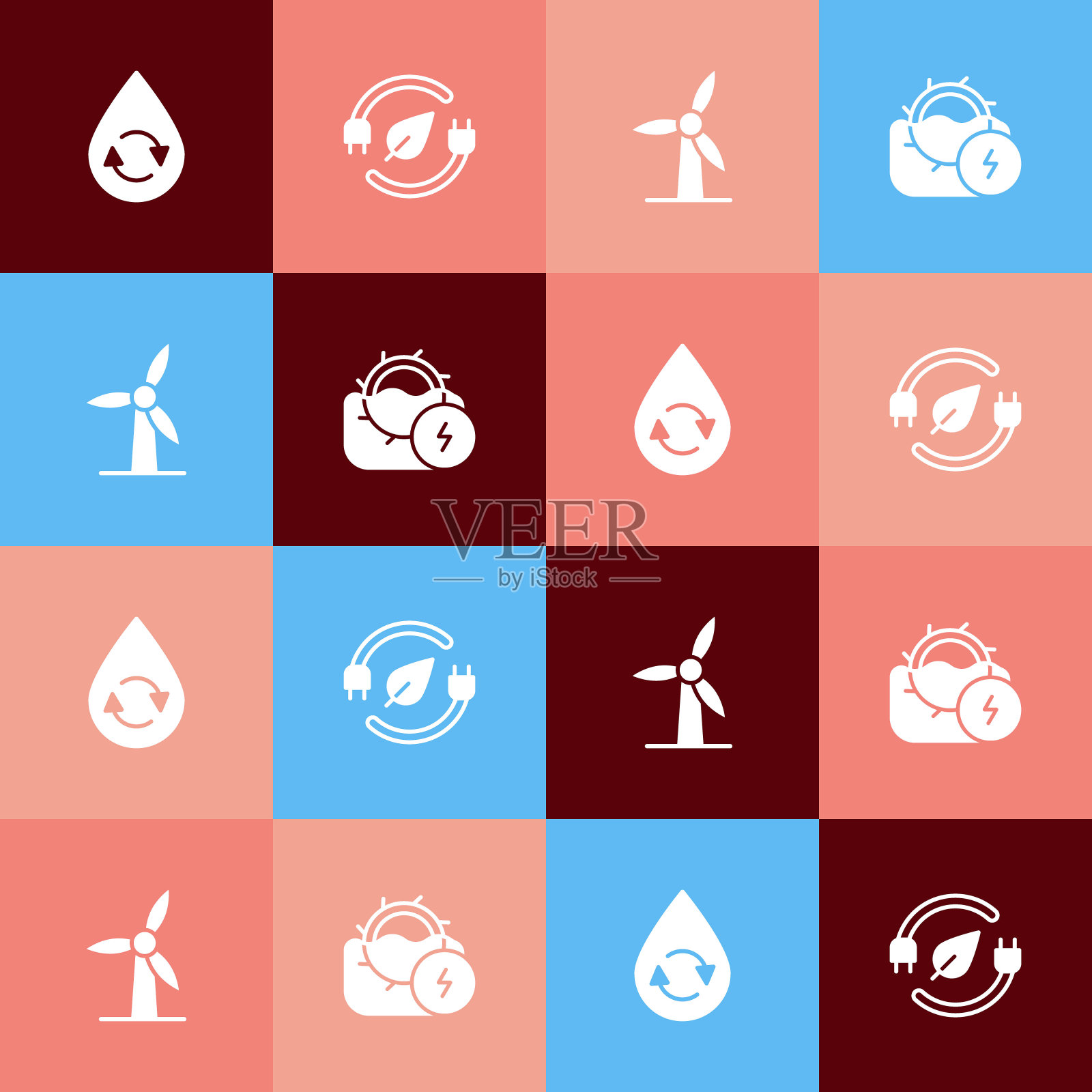 集流行艺术循环清洁水，节电插头叶片，风力发电机和水磨图标。向量插画图片素材