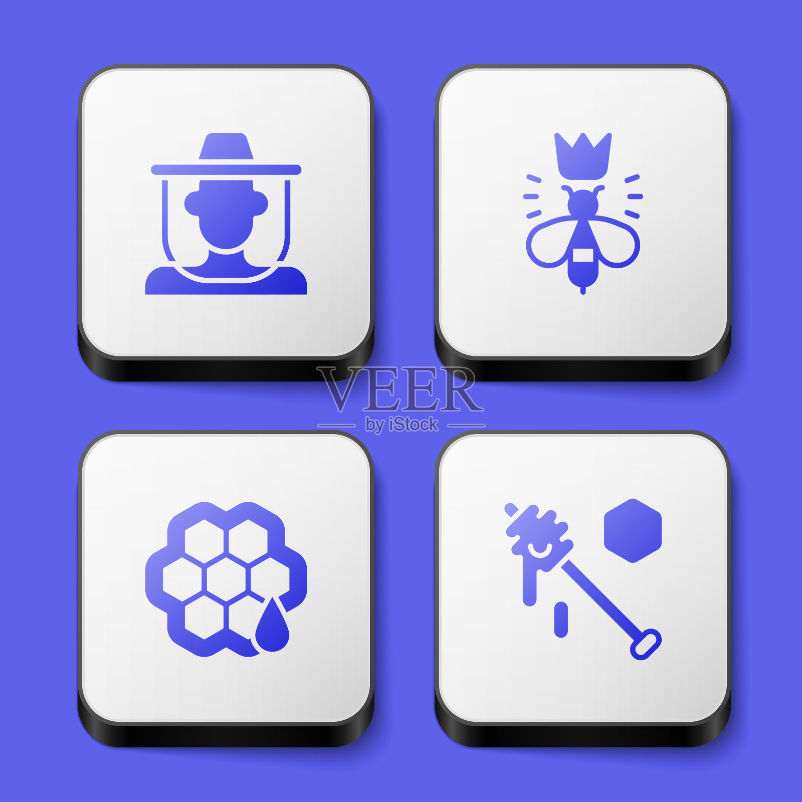 设置养蜂人与保护帽，蜂王，蜂巢和勺子棒图标。白色正方形按钮。向量图标素材