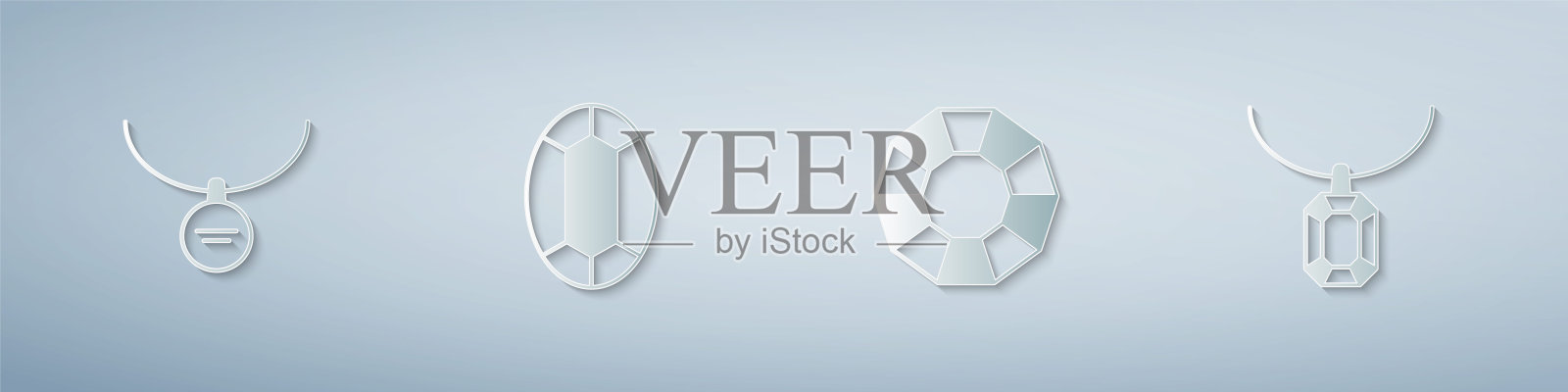 设置吊坠项链，宝石，钻石和吊坠。纸艺术风格。向量插画图片素材