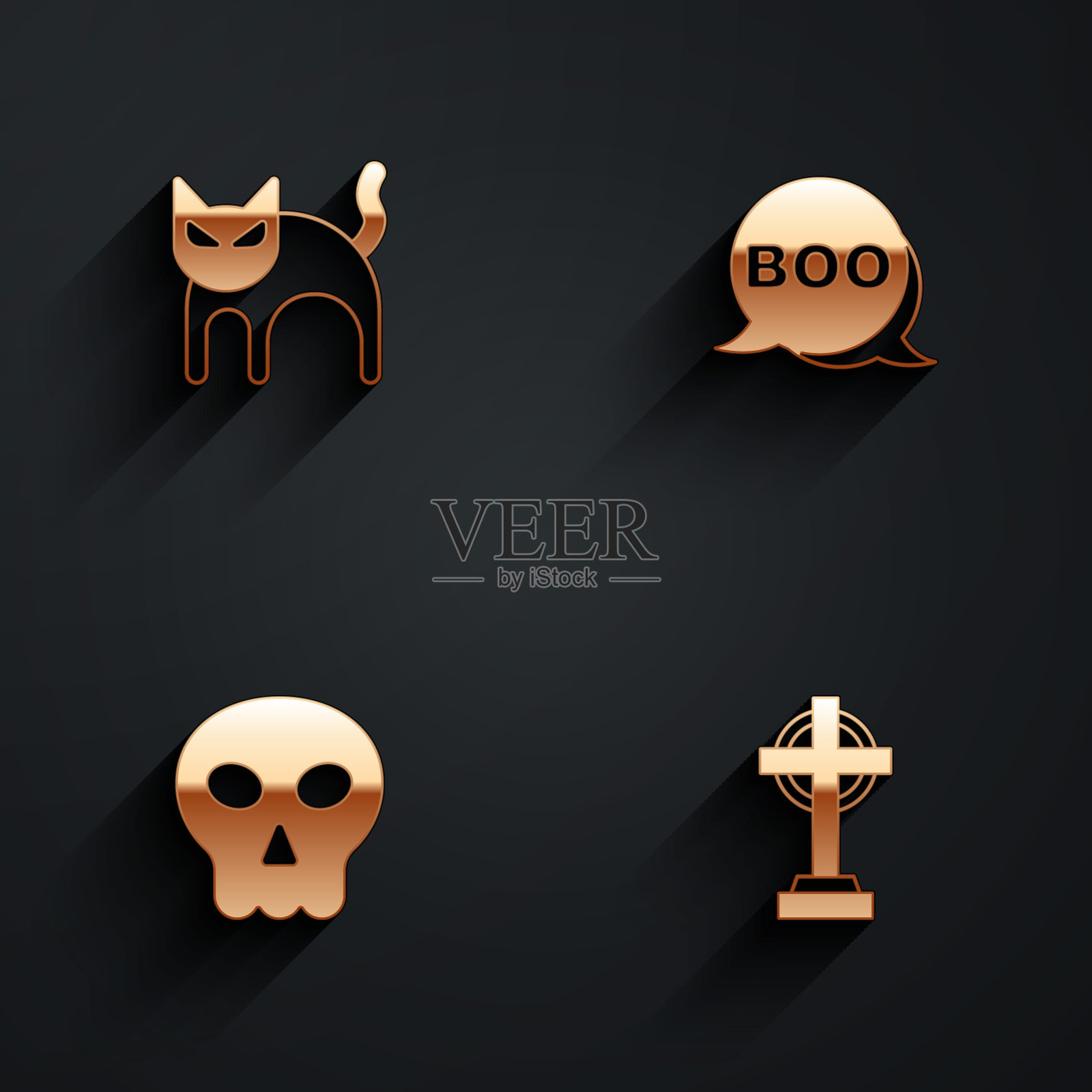 设置黑猫，Boo语音泡泡，骷髅和墓碑的十字架图标与长阴影。向量插画图片素材