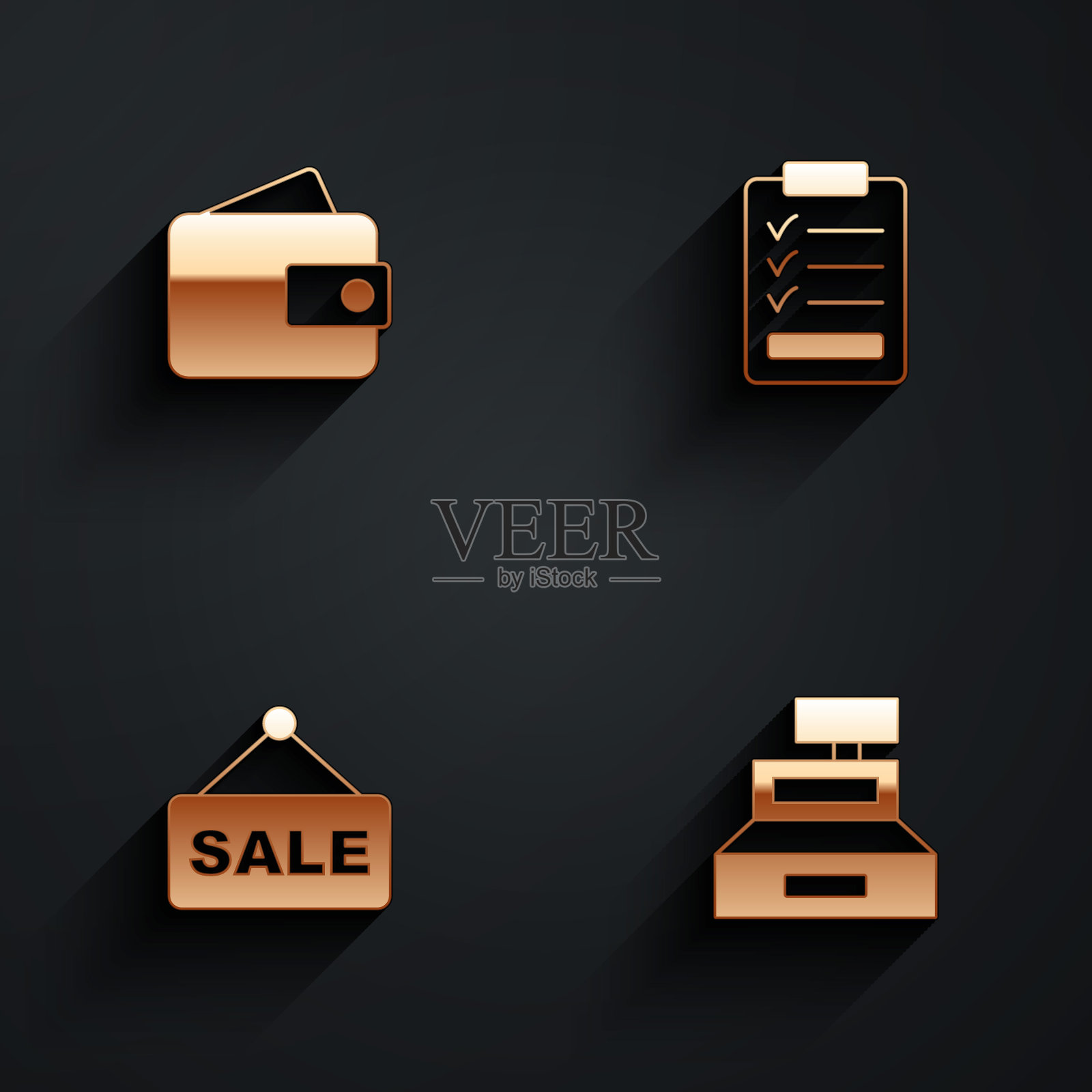 设置钱包，剪贴板与清单，悬挂标志文本销售和收银机图标与长阴影。向量图标素材