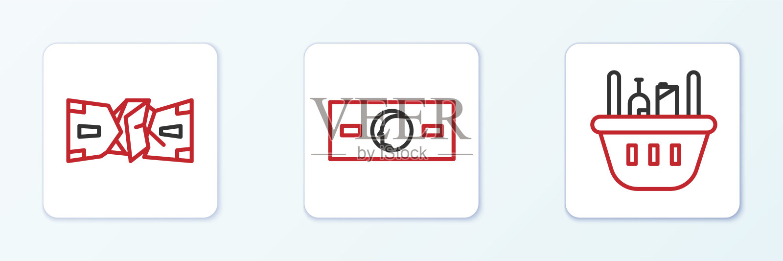 设置线购物篮和食物，皱巴巴的纸钱现金和纸图标。向量图标素材