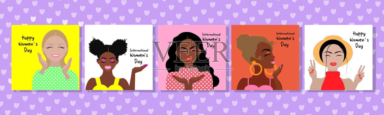 妇女节贺卡集与五个时尚女性，不同的民族和文化，平面风格，纺织品设计，礼品包装，贺卡设计，矢量插图。插画图片素材