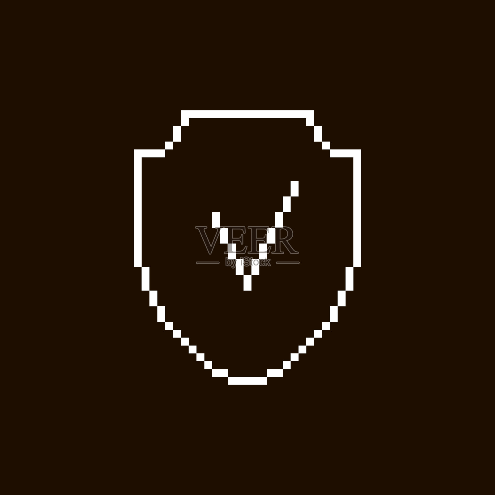 简单的平面像素艺术插图白色盾牌与黑色背景上的复选标记插画图片素材