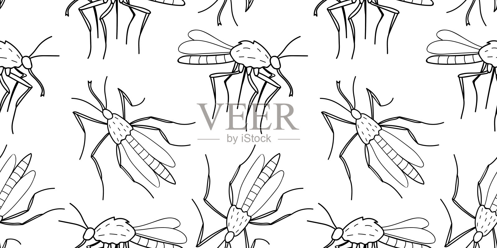矢量无缝模式的黑色轮廓蚊子，飞蛾，在涂鸦素描风格的蠓。简单的纹理，带有昆虫，吸血动物，害虫设计元素图片