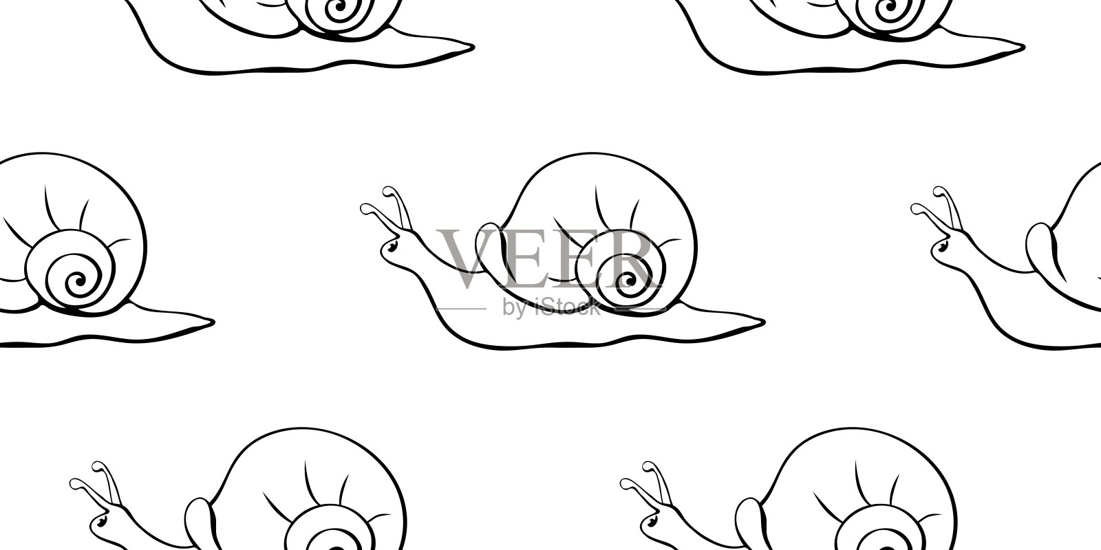 矢量无缝模式轮廓可爱的蜗牛素描风格，涂鸦与螺旋壳，侧视图，孤立。自然背景和纹理插画图片素材