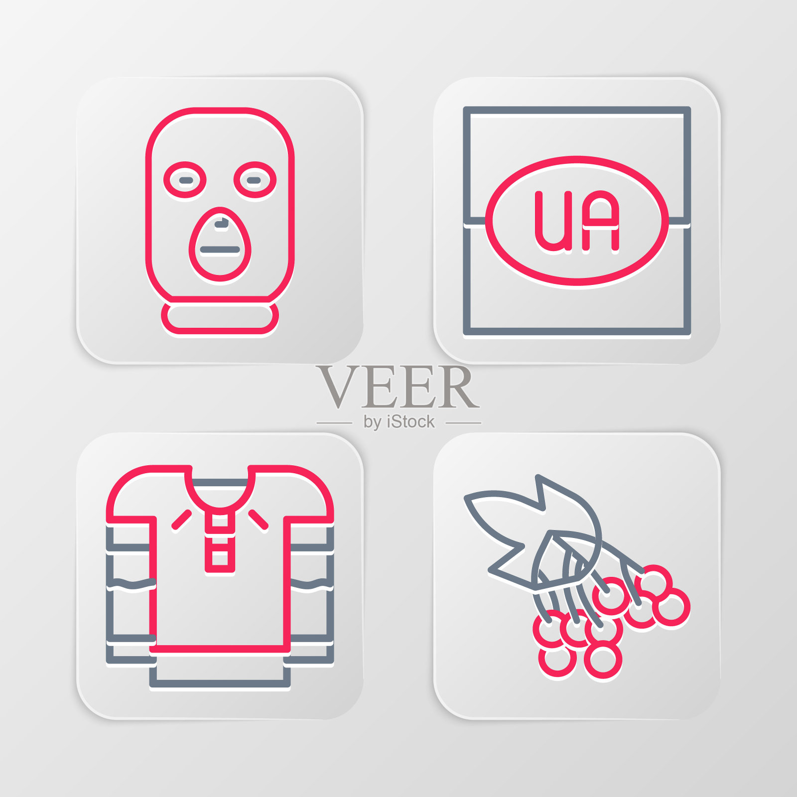 设置线分枝荚蒾，刺绣衬衫，乌克兰国旗和小偷面具图标。向量图标素材