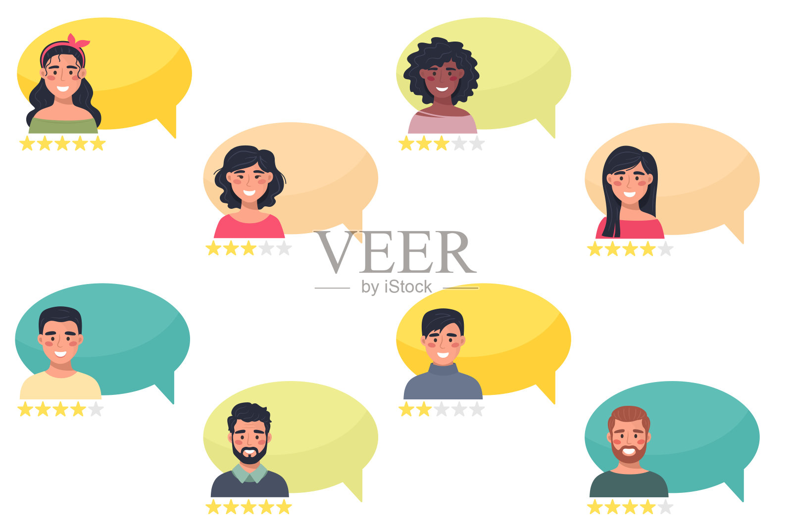 对话框中有男性和女性角色，以及评级、交流和聊天。插画图片素材