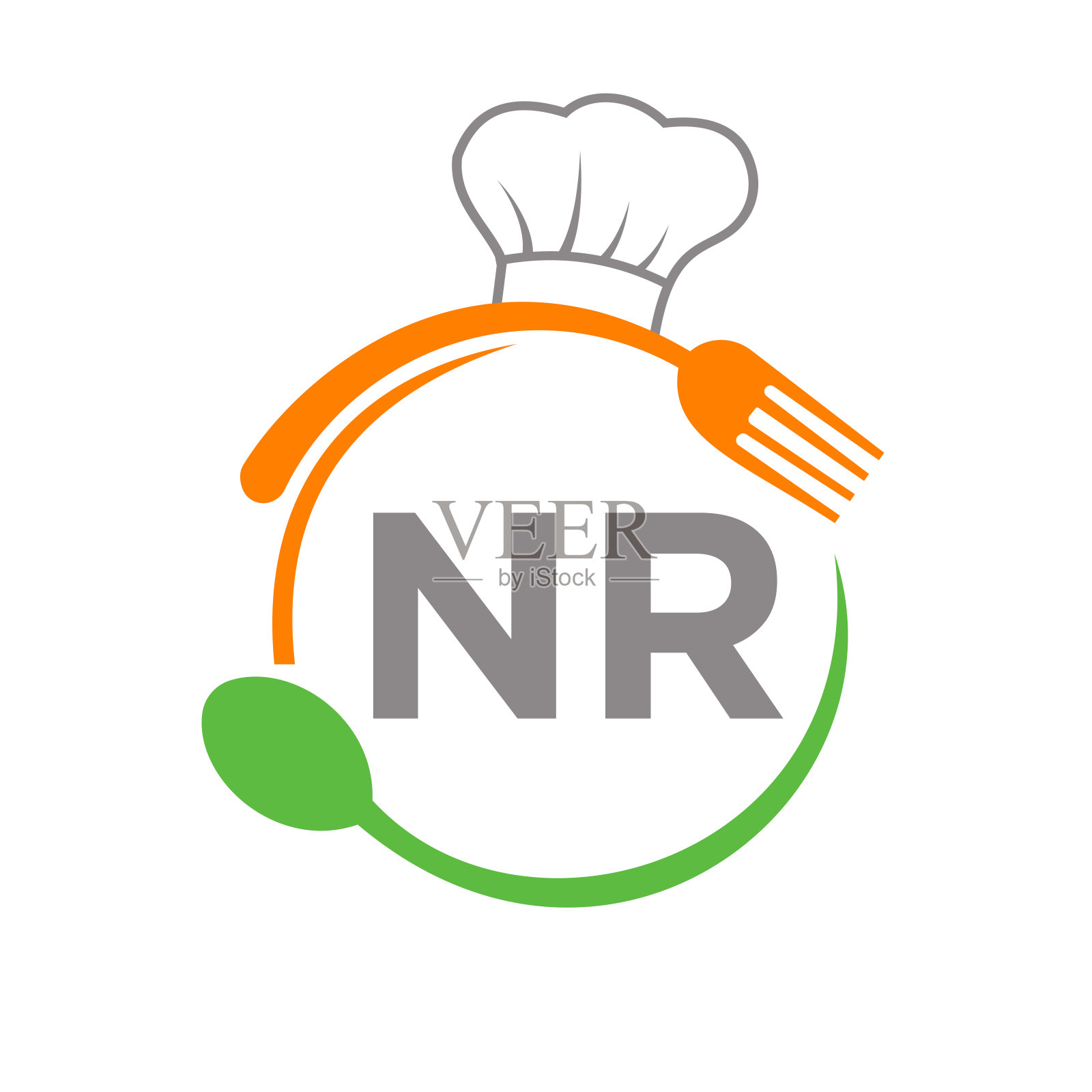字母NR餐厅标志与厨师帽勺和叉子模板。餐厅标志在信NR烧烤，咖啡馆标志矢量插画图片素材