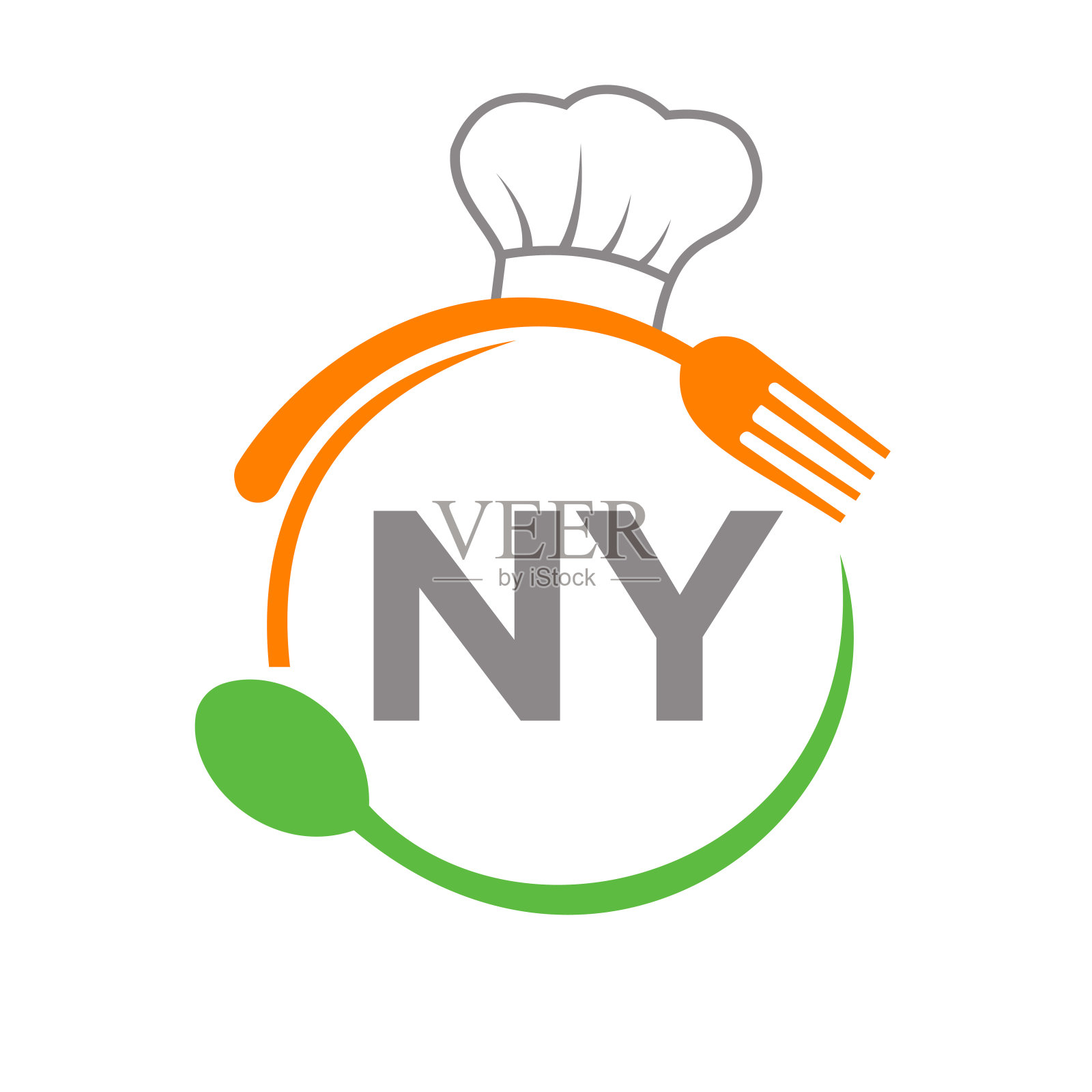 字母纽约餐厅标志与厨师帽勺子和叉子模板。餐厅标志在信纽约烧烤，咖啡馆标志矢量插画图片素材